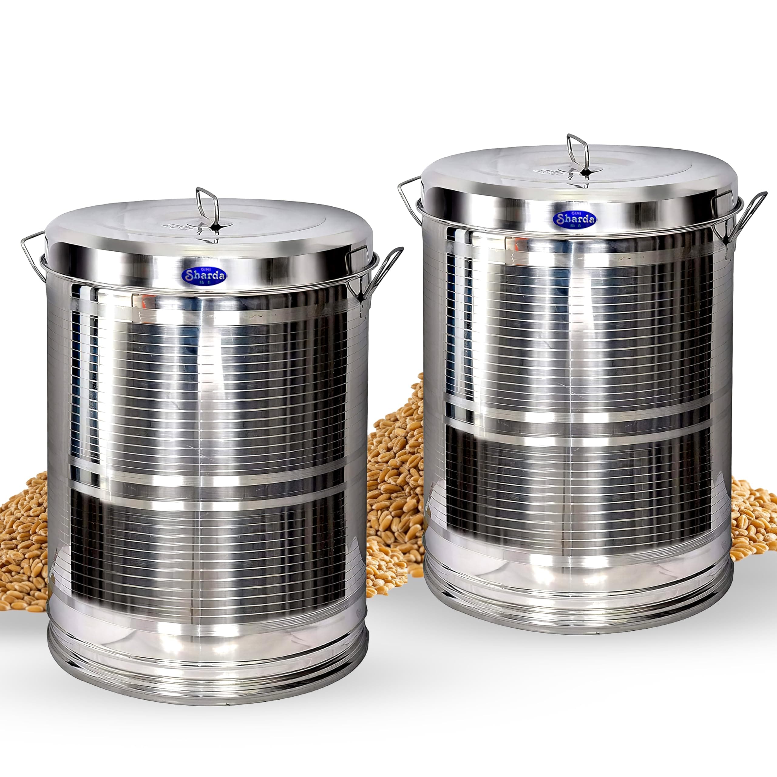 Sharda Metals Stainless Steel Storage Container with Lid & Handle | Diwali Gifting 10kg Kitchen Drum for Wheat, Rice, Grains, Flour, Snacks | Aata Tanki/Dabba/Pawali – 12 Inch (Pack of 2)