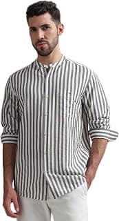 MUFTI Men Shirt | Slim Fit Mandarin Collar Vertical Striped Design | Premium Viscose Nylon Blend & Crinkled Texture for Smart Casual & Weekend Wear