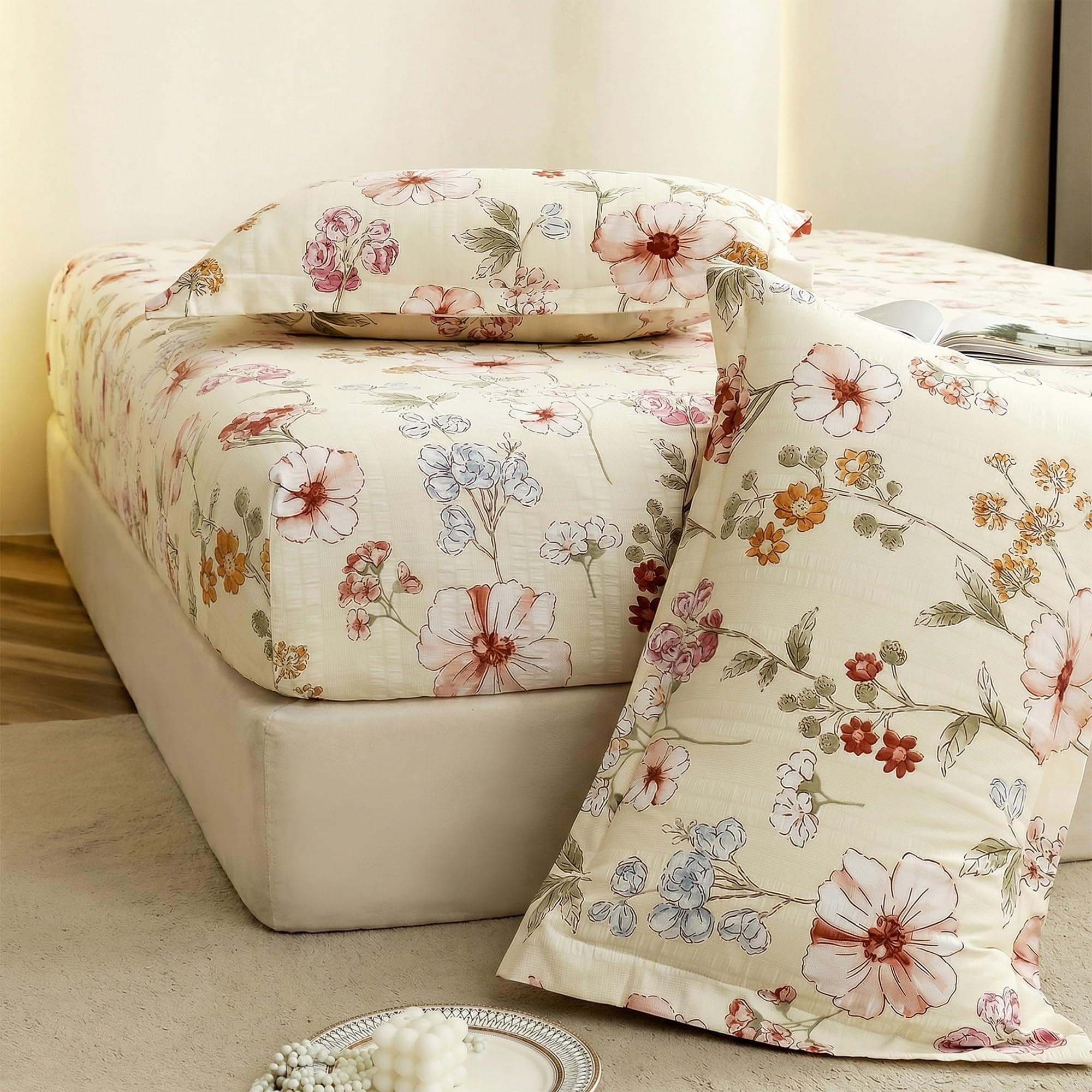 Story@Home Cloud Cotton Fitted Bedsheet 72 X 78 Inch, White & Red | Floral Design | 360 Elastic Bedsheets for King Size Bed | 2 Pillow Covers | 210 TC Super Soft Bed Sheet