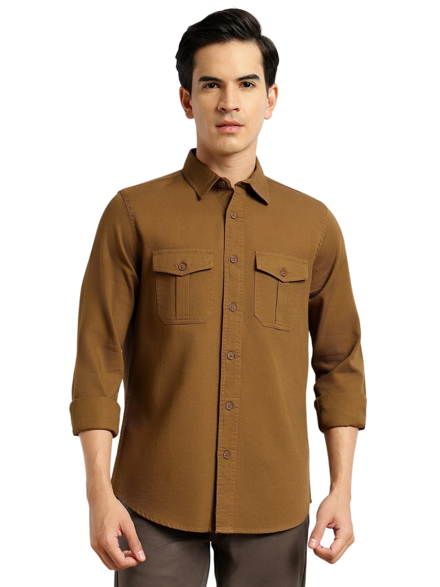 Thomas Scott Men’s Slim Fit Cotton Casual Shirt | Long Sleeve | Spread Collar | 2 Flap Pockets | Solid Design (Available in Plus Size)