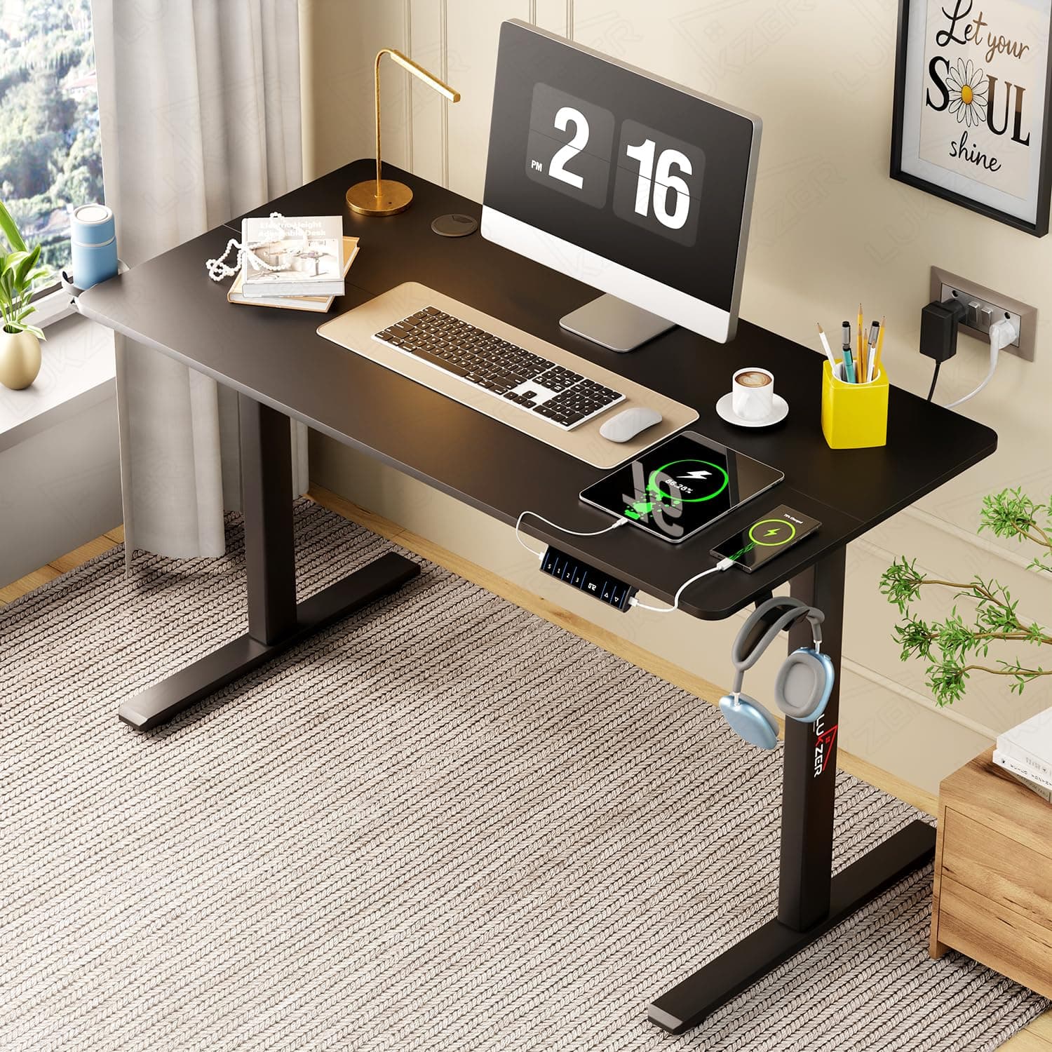 Lukzer Electric Height Adjustable Desk with USB & Type-C Ergonomic Work from Home Study Table Digital Display Advance Memory Preset Table DIY | 3 Years Warranty (EST-003/UC-Black & Black/120 x 60 cm)
