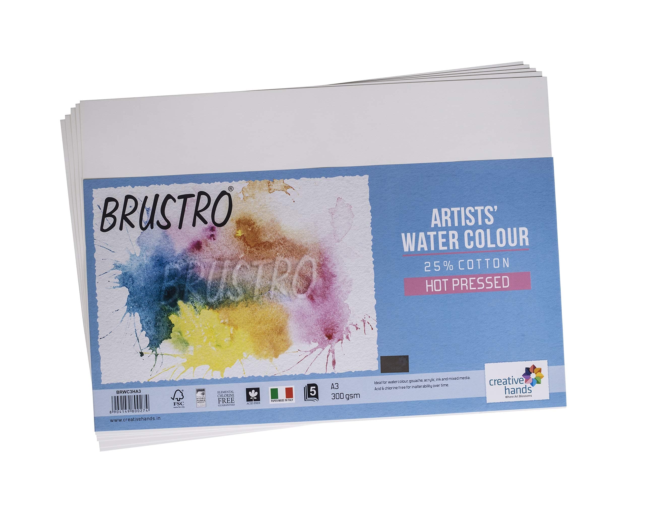 BRUSTRO Artists 25% Cotton Watercolour Paper, Hot Pressed, 300 GSM, Size A3 - Pack of 10 Sheets | Ideal for Watercolor,Acrylic,Gouache,Charcoal,Graphite,Ink & Other Mixed Media