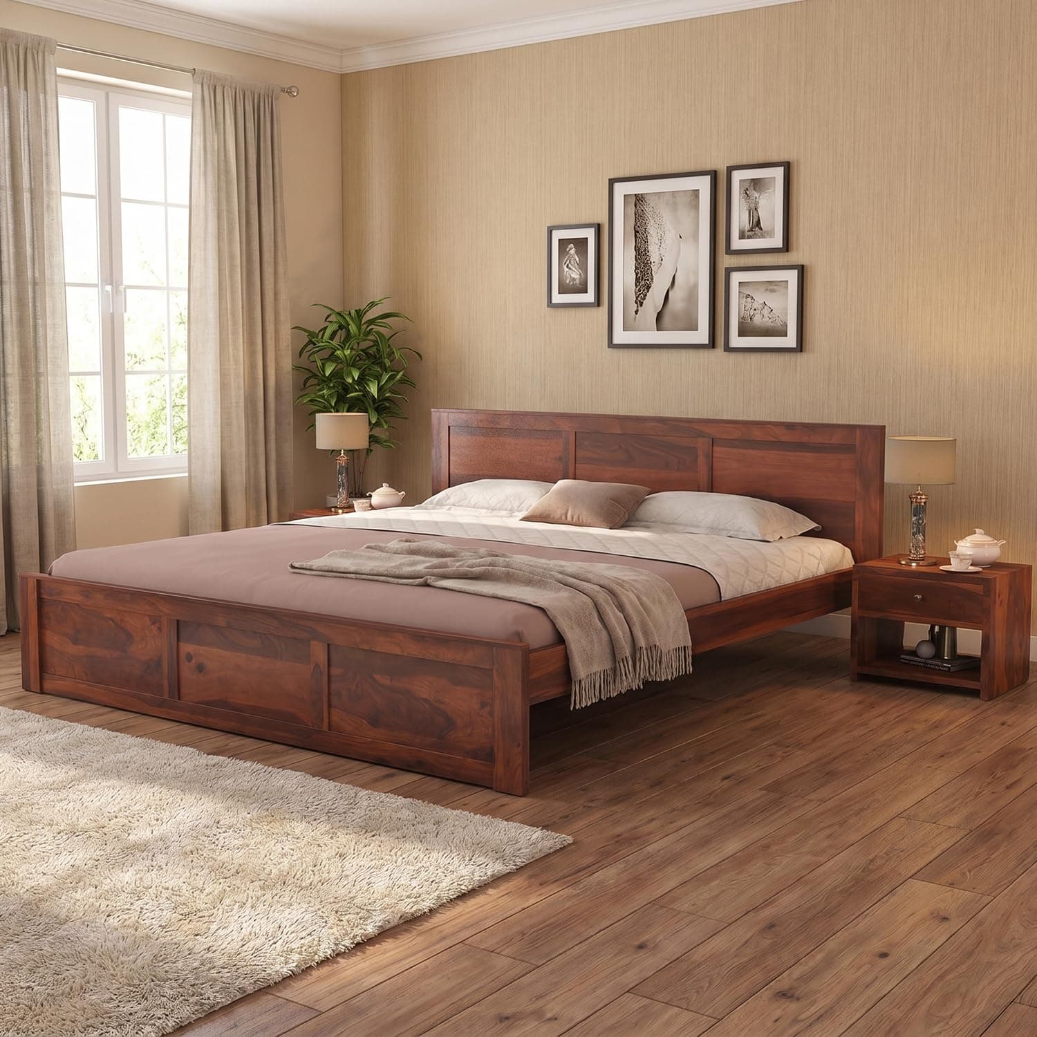 GHROYAL Sheesham Wood Queen Size Bed Without Storage | Wooden Double Bed Cot Palang with Headboard for Bedroom, Guest Room, Living Room, Hotels and Home Furniture (Honey Finish)