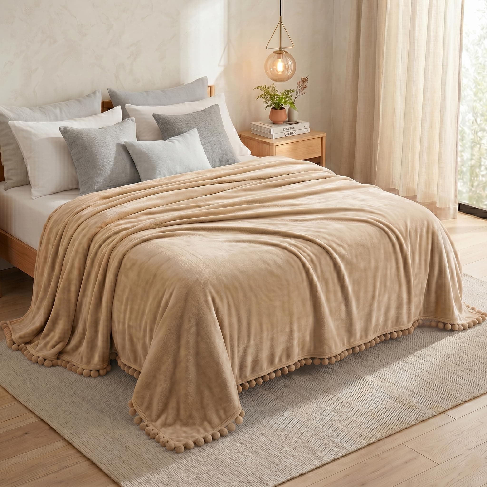 VAS COLLECTIONS Premium Plush Fleece Blanket 250 GSM | Ultra Soft Lightweight Cozy Throw with Pom-Pom Trim | Multipurpose for Bed, Sofa, Couch, Travel & Camping | 228x228 cm (90x90 Inches), Beige