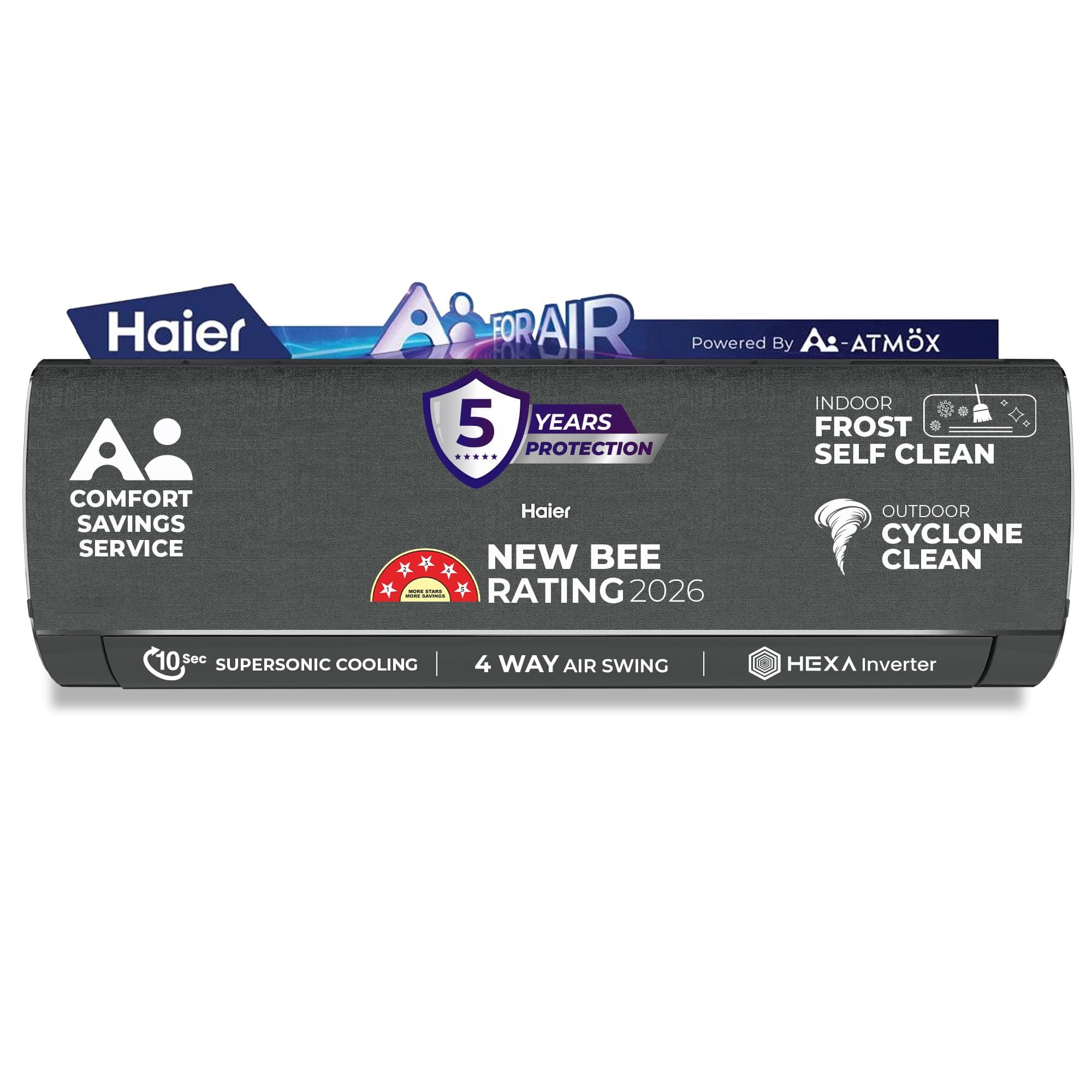 Haier Gravity AI 1.5 Ton 5 Star,New star rated, Wi-Fi HEXA Inverter Split AC (AI Cooling, Energy Saving & Self-Clean,7in1 Convertible, Copper, 4-way, Cools in 10 Sec at 60°C, D.Grey)-HSA19GHD-DAI5NB-I