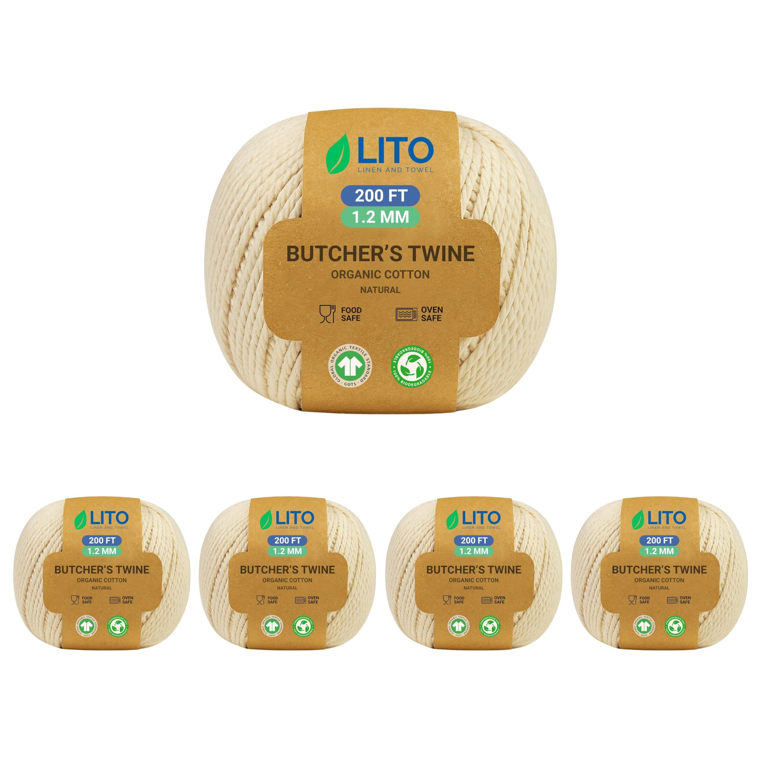 LITO LINEN AND TOWEL 100% Cotton Twine Macrame Thread | Natural Cotton String for Cooking, Baking, Wrapping, Crafts, DIY Garden Decor & Gift Packaging (Natural, 11PLY- 200 FEET- Pack of 5)