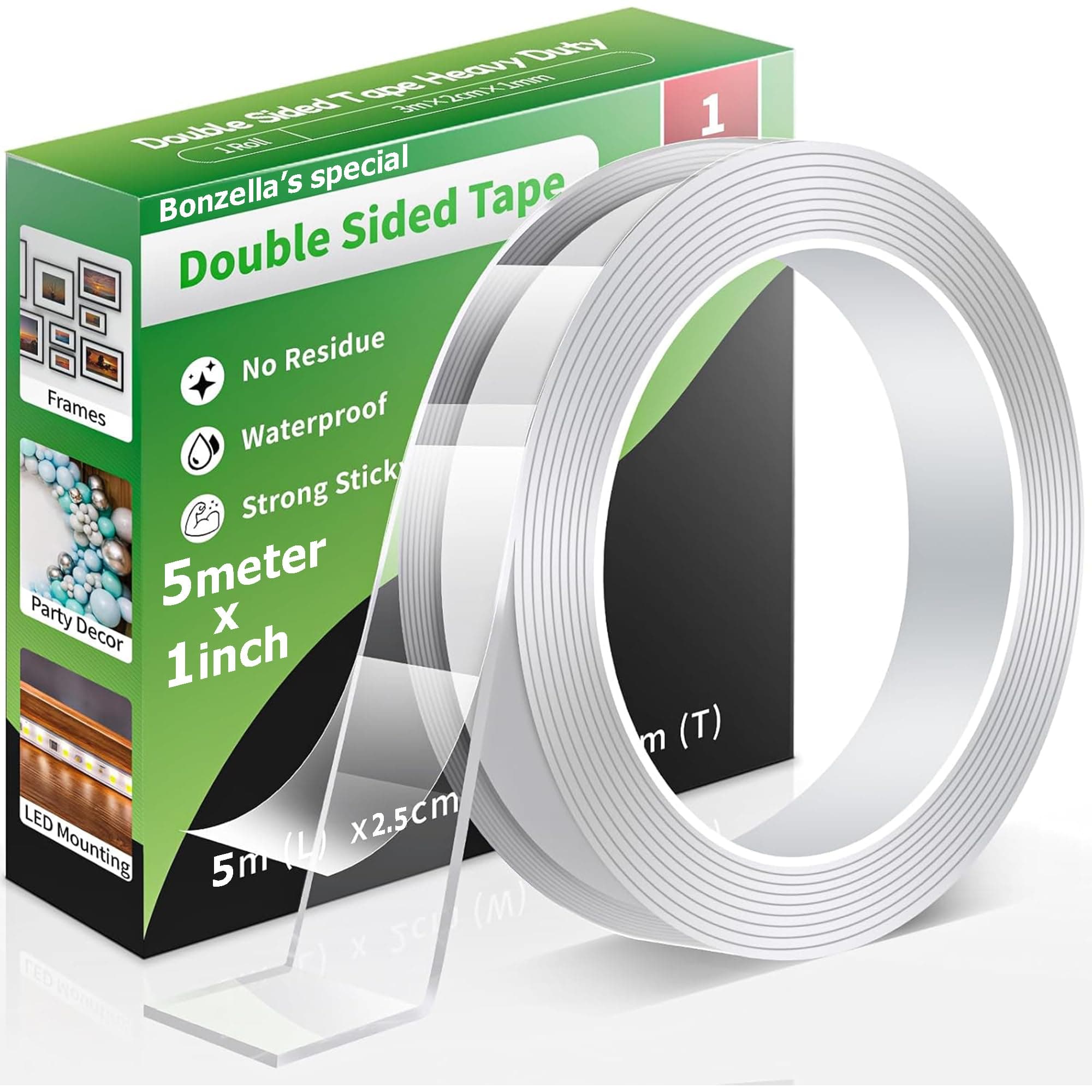 BONZELLA Double Sided Tape Heavy Duty 5M x 1IN Clear & Strong Adhesive Multipurpose Mounting Tape for Wall,Craft,Home,Office, Removable & Traceless Transparent Double Gum Grip Tape (5 Meter X 1inch)