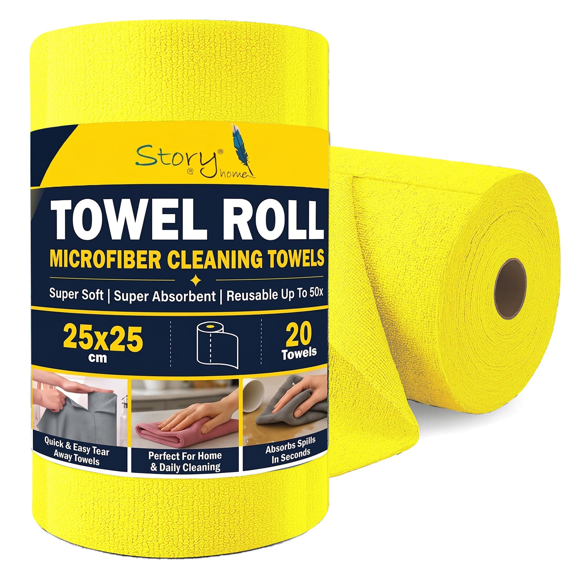Story@Home 20 X All Purpose Microfiber Reusable Cleaning Cloth Towel Yellow | REUSABLE upto 4000 Times (PAPER TOWEL ALTERNATIVE) Tear N’ Wipe Lint Free, Cleaning Towel Roll for Kitchen, Car, Bike