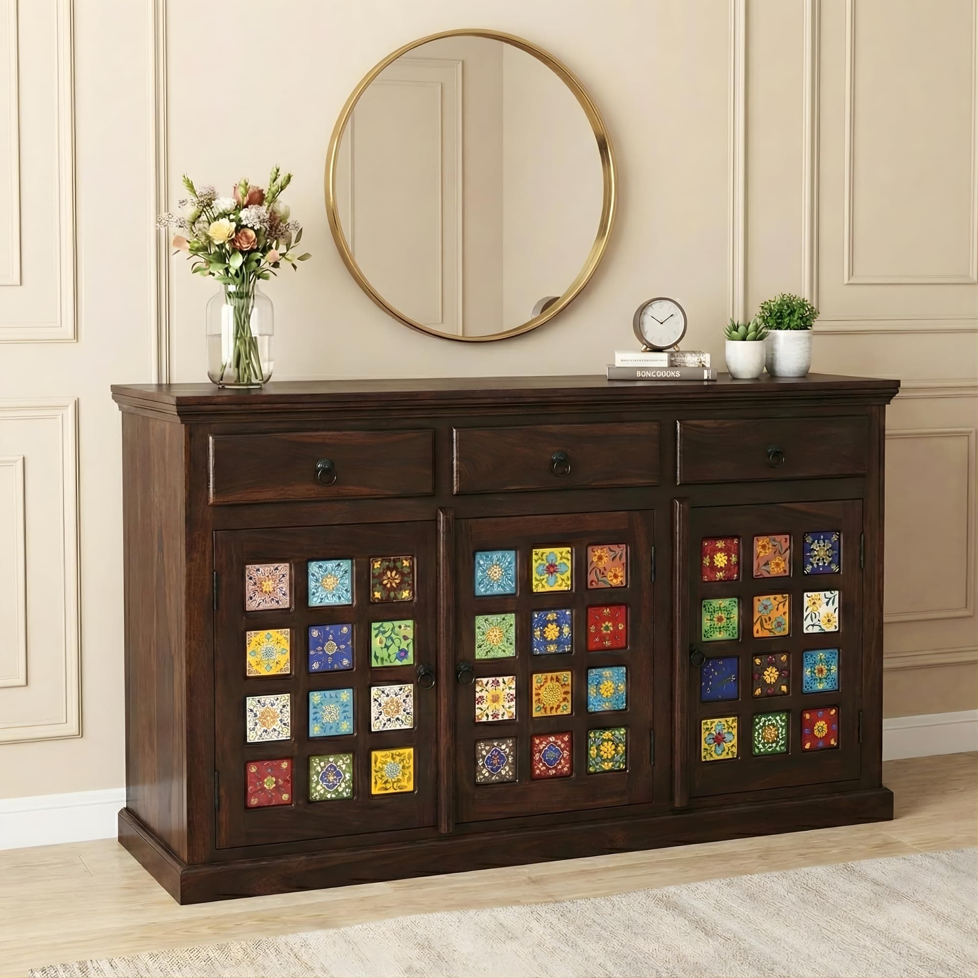 SONA ART & CRAFTS Solid Sheesham Wood Sideboard Cabinet Storage Organizer with 3 Drawer & 3 Door Cabinet for Home Kitchen Living Room & Bedroom Multi Shelves Cabinets Hallway Dinning (Tile – Walnut)