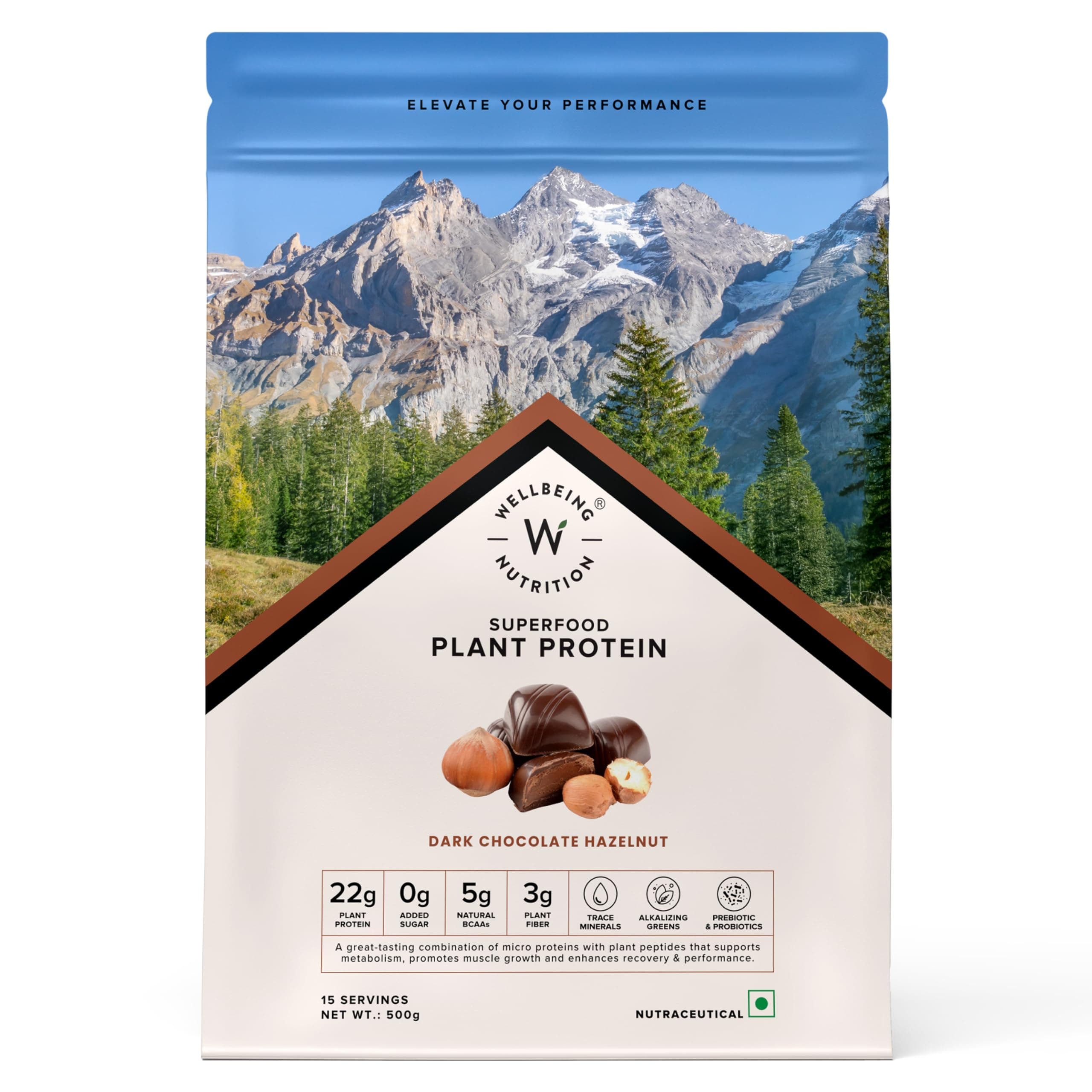 Wellbeing Nutrition Organic Vegan Plant Protein Isolate | 22g Protein, 5g BCAA, 3B CFU Probiotics, Enzymes, 3g Fiber, 5 Alkalizing Greens | NO Bloating, Easy to Digest | Dark Chocolate Hazelnut 500gm