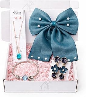 ANKRI 5 Pcs Trendy Hair Accessories & Jewelry Gift Set for Girls & Women, Hair Bow, Jewellery Set, Pendant Necklace with Earrings, Flower Hair Pins, Charm Bracelet, White Gift Box Included, Random Designs as per Latest Trend