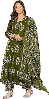 PARTHVI Women's Pure Cotton Block Printed Ethnic Wear Kurta & Palazzo Pants & Dupatta Set