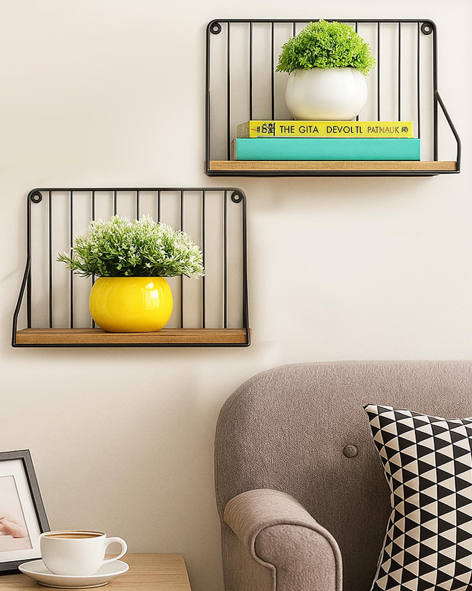 Homesake® Metal Iron Wall Mount Floating Shelves with Wood Base | Industrial Wall Shelf Bookshelf Storage Rack Organizer for Kitchen, Bedroom, Living Room & Home Décor, Black Set of 2