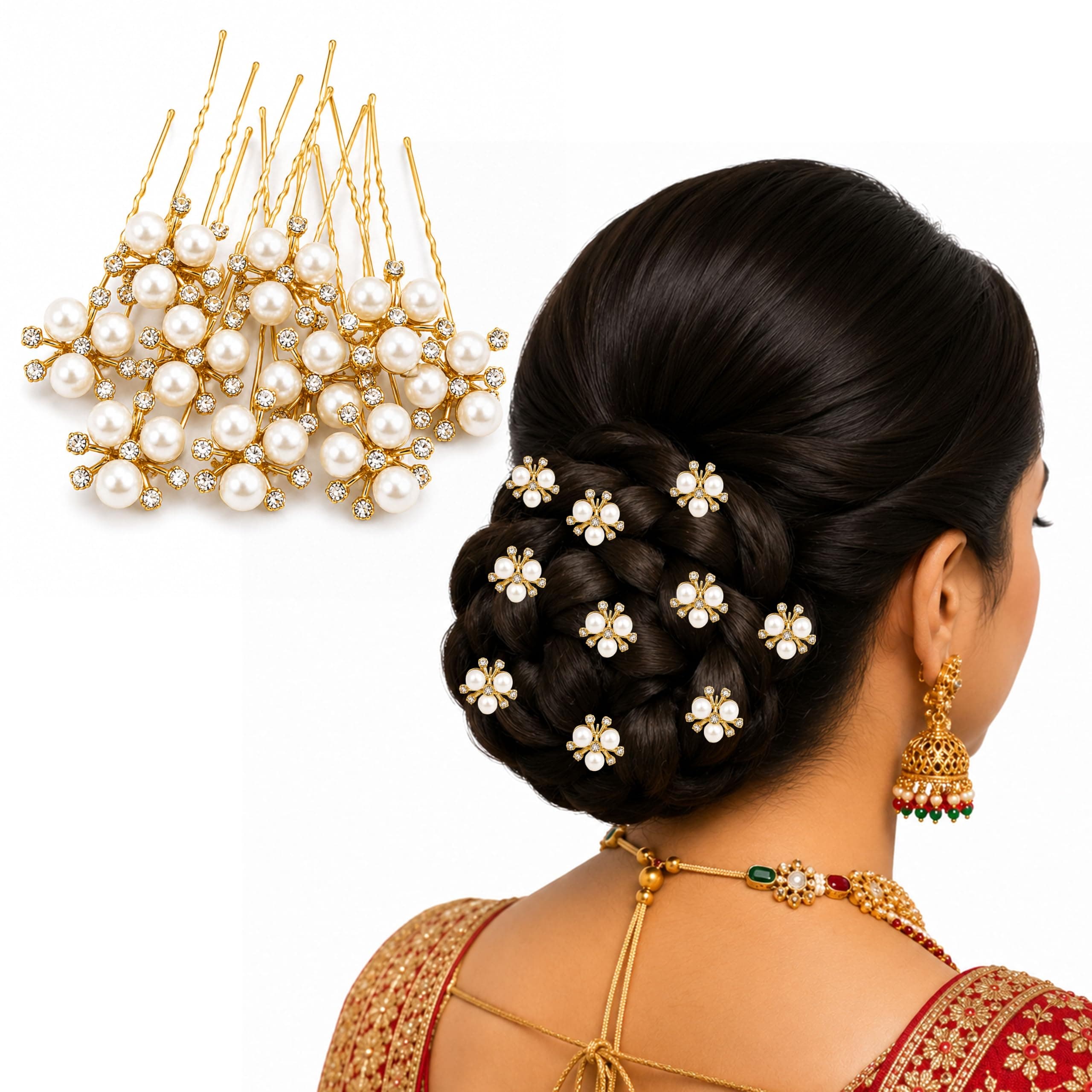 Diamond Pearl Hair Pins for Women & Girls | Bridal Juda Bun Pins for Wedding, Party & Festive Hair Styling | Fancy Juda Accessories for Long Hair (PK12-7)