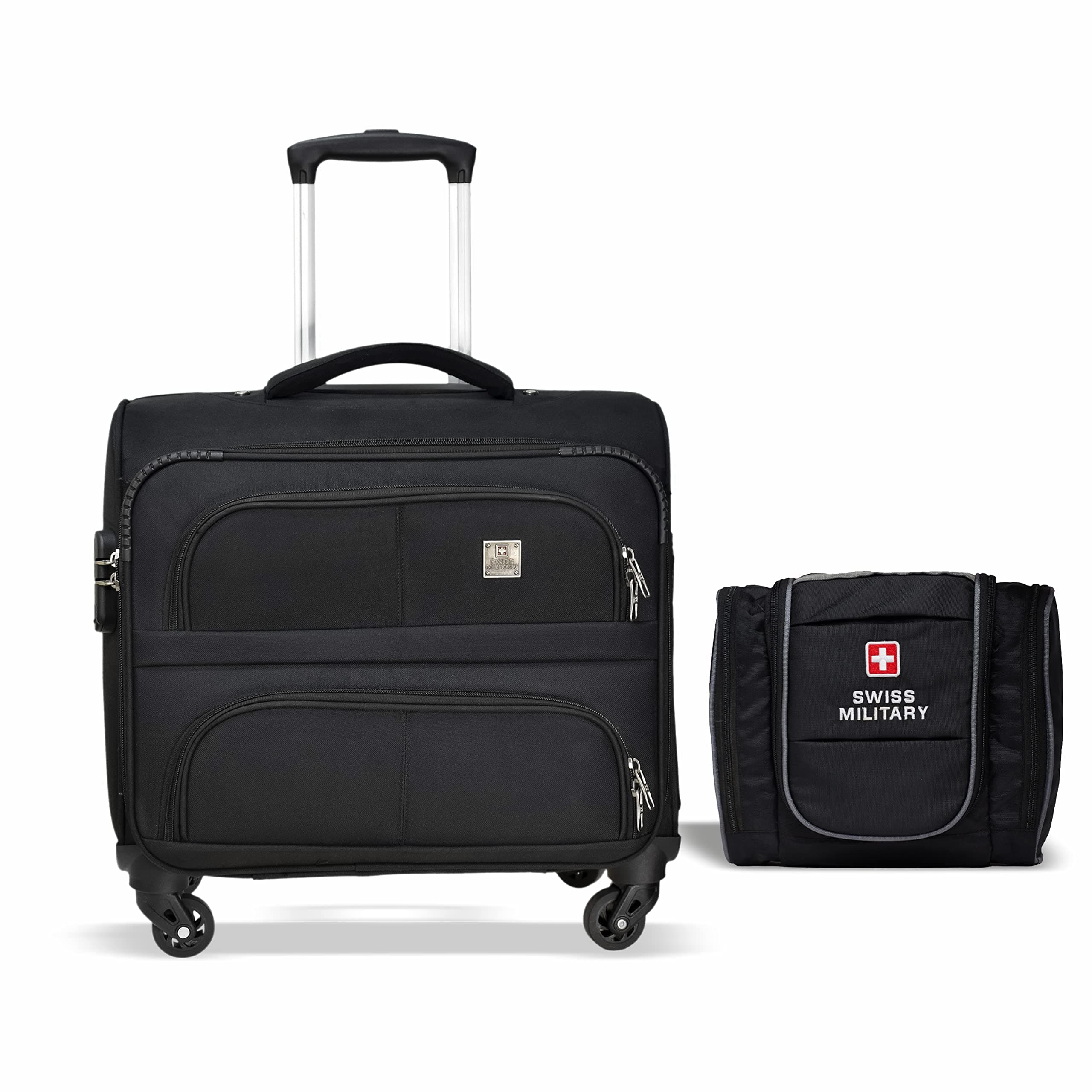 SWISS MILITARY Combo of Luggage Bag, Trolley Bag, Cabin Luggage, 3 Dial Lock, 32L, Black & Toiletry Bag for Men, Women| Makeup Pouch for Travelling, Travel Organizer, Quick Access Pocket,Black,5L