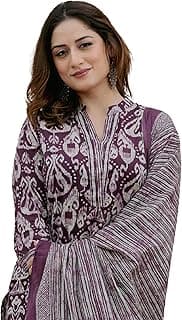 Arayna Women’s 100% Pure Cotton Ikat Printed Ethnic Straight Kurta Pant and Dupatta Set for Women