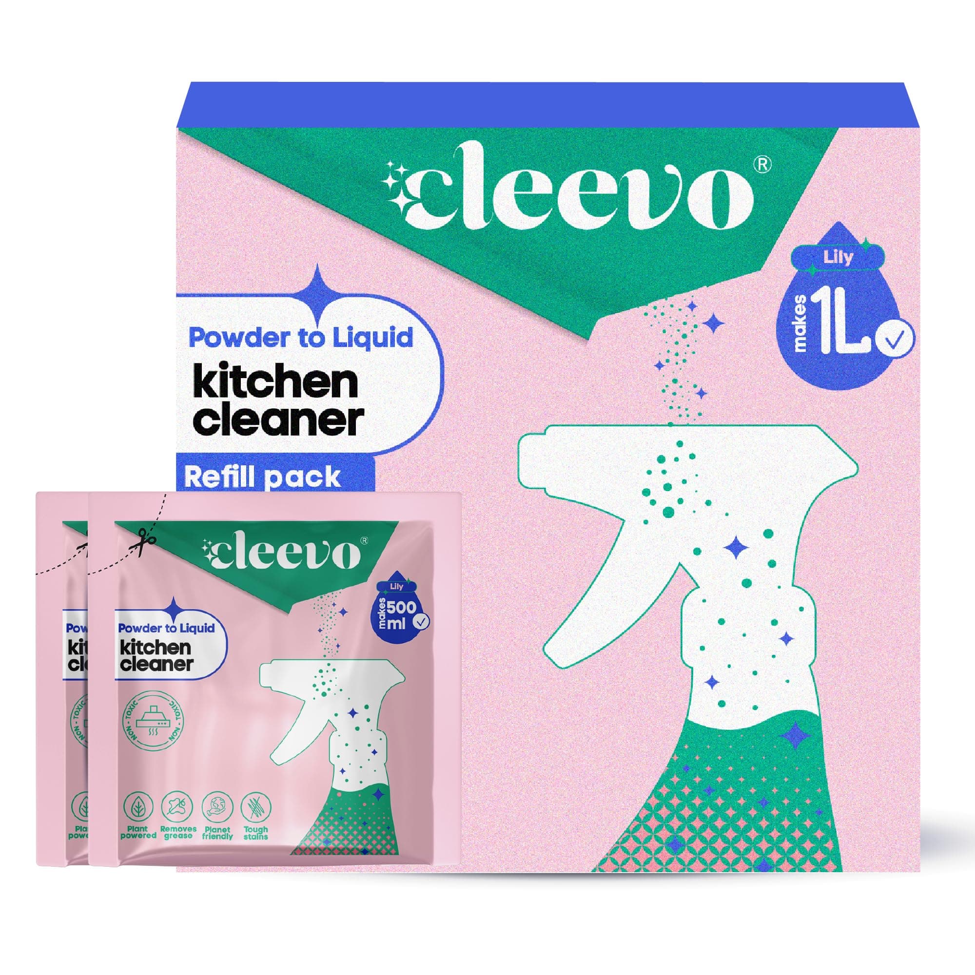 Cleevo Kitchen Cleaner Spray 1L Refill (2 Sachets makes 1 Litre), No Bottle| Powder to Liquid| Degreaser for Gas Stove, Chimney, Countertop | Non-Toxic Kitchen Surface Cleaner (Lilly)
