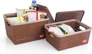 Nayasa Gloria Basket for Storage | Vegetable & Fruit Basket | Storage Box and Organiser Plastic Basket With Lid | Multipurpose Kitchen Organizer Rack | Big & Medium - Set of 2 | Brown