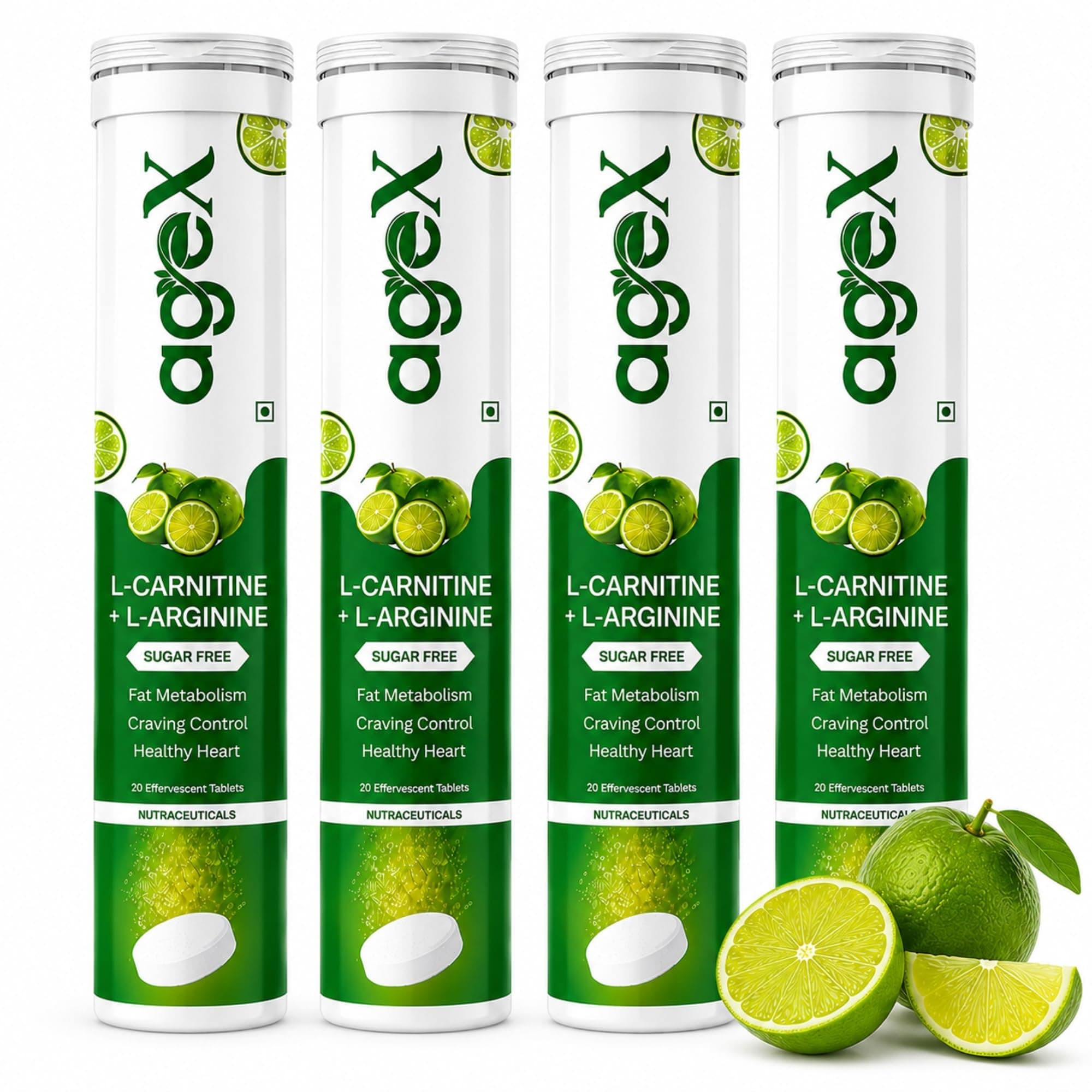 AgeX L-Carnitine 500mg + L-Arginine 3000mg Effervescent Tablets | Pre-Workout, & Energy Booster for Weight Management & Stamina | Sugar Free | Helps Convert Fat into Energy - 80 Effervescent Tablets (Pack of 4), Lemon