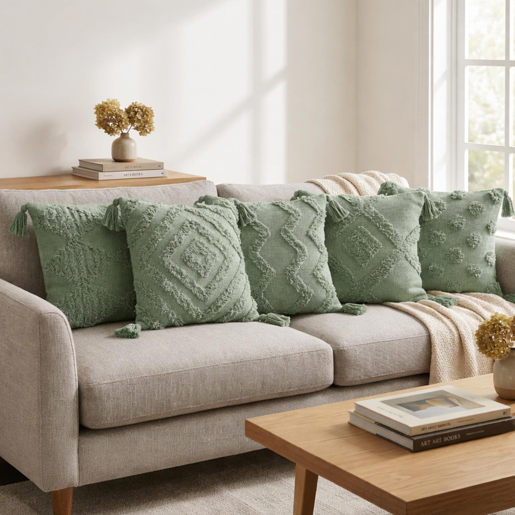 SILK & YANA 16x16 Cotton Cushion Covers Set of 5 | Hand-Tufted Decorative Throw Pillow Covers with Boho, Geometric & Textured Designs | Tassel-Trimmed Covers for Sofa | Sage-Green
