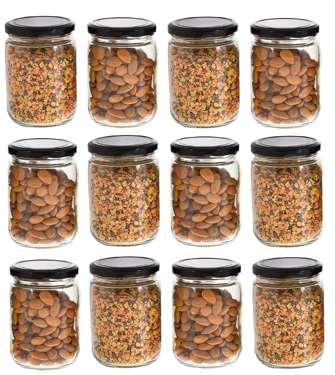 DCloud Hub 500 ml Glass Jar With Air Tight Black-Lid for Kitchen Storage - Dried Masala, Honey, Spice Container - Set of 12