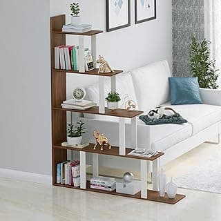BLUEWUD Wolabey Engineered Wood Ladder Style Bookshelf Cabinet Book Rack Organizer with Shelves for Décor Display, Cabinet Wall Floor Standing for Home (Brown Maple & White)