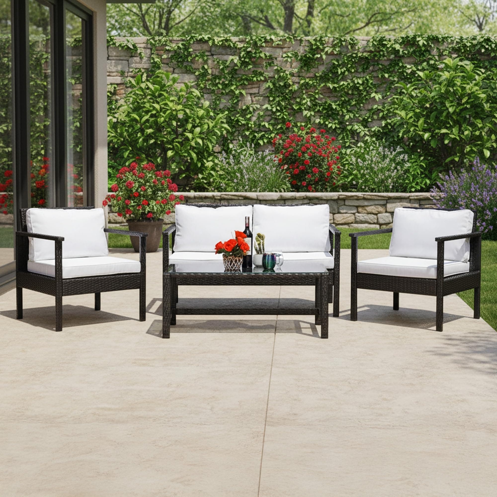DEVOKO Marbella Rattan & Wicker 4 Piece Outdoor Conversation Sofa for Balcony, Indoors Porch, Garden, Terrace Patio Furniture Set with Cushions and Center Table (Black and White)