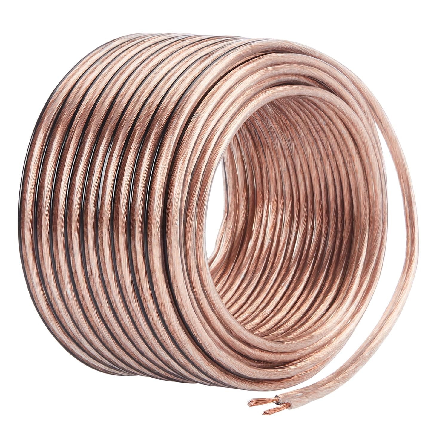 amazon basics 16-Gauge/AWG Speaker Wire, Oxygen-Free Copper, Two Conductors, Audio Speaker Cable for Car, Stereo, Subwoofer, Home Theatre, Hi-Fi Surround Sound (50 Feet, Copper, Transparent)