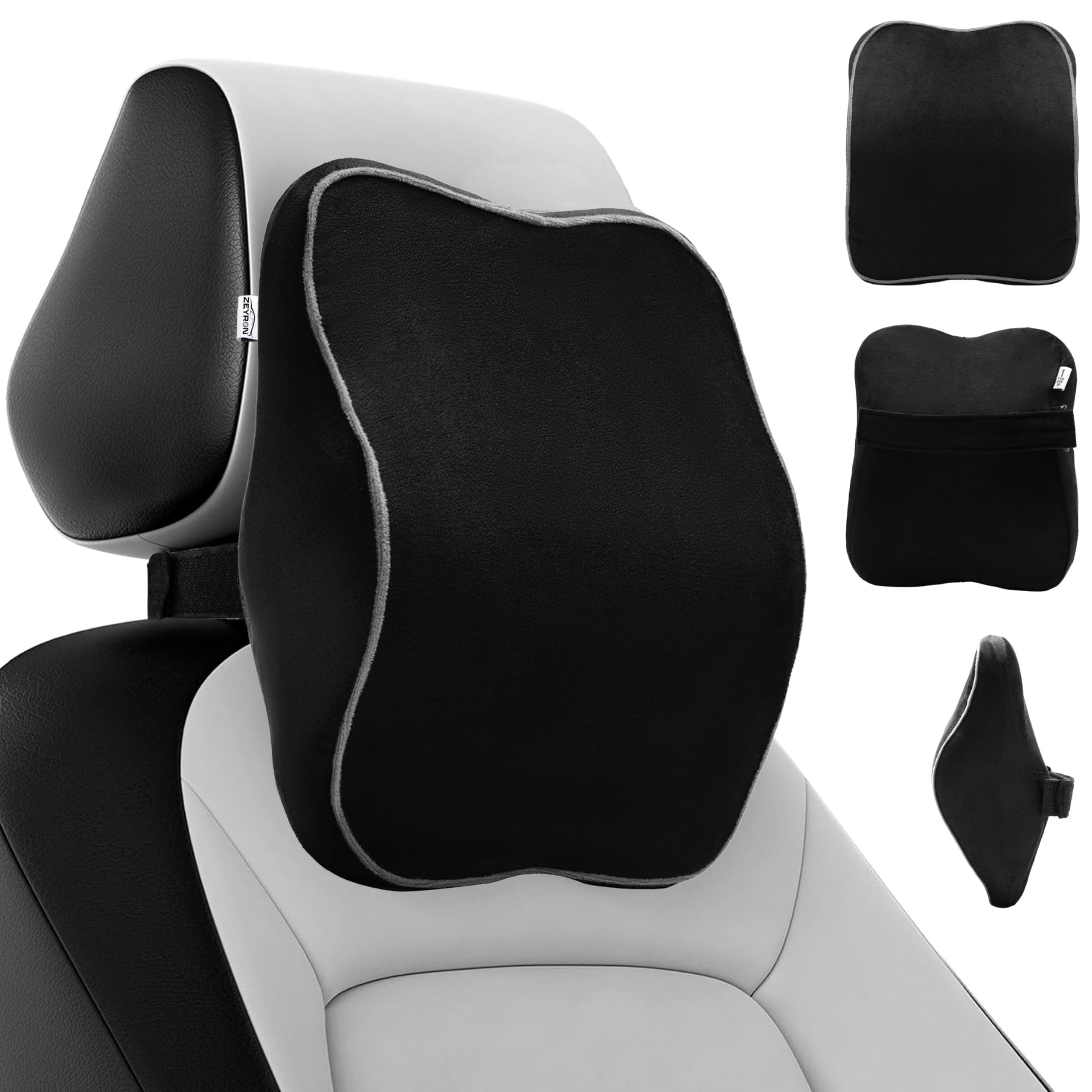 ZEYRON Premium Car Neck Rest Pillow with 3-Year Warranty | Ergonomic Memory Foam Neck Pillow for Car | Exquisite Neck Rest with Elegant Packaging | Black with Grey Piping (Pack of 1)