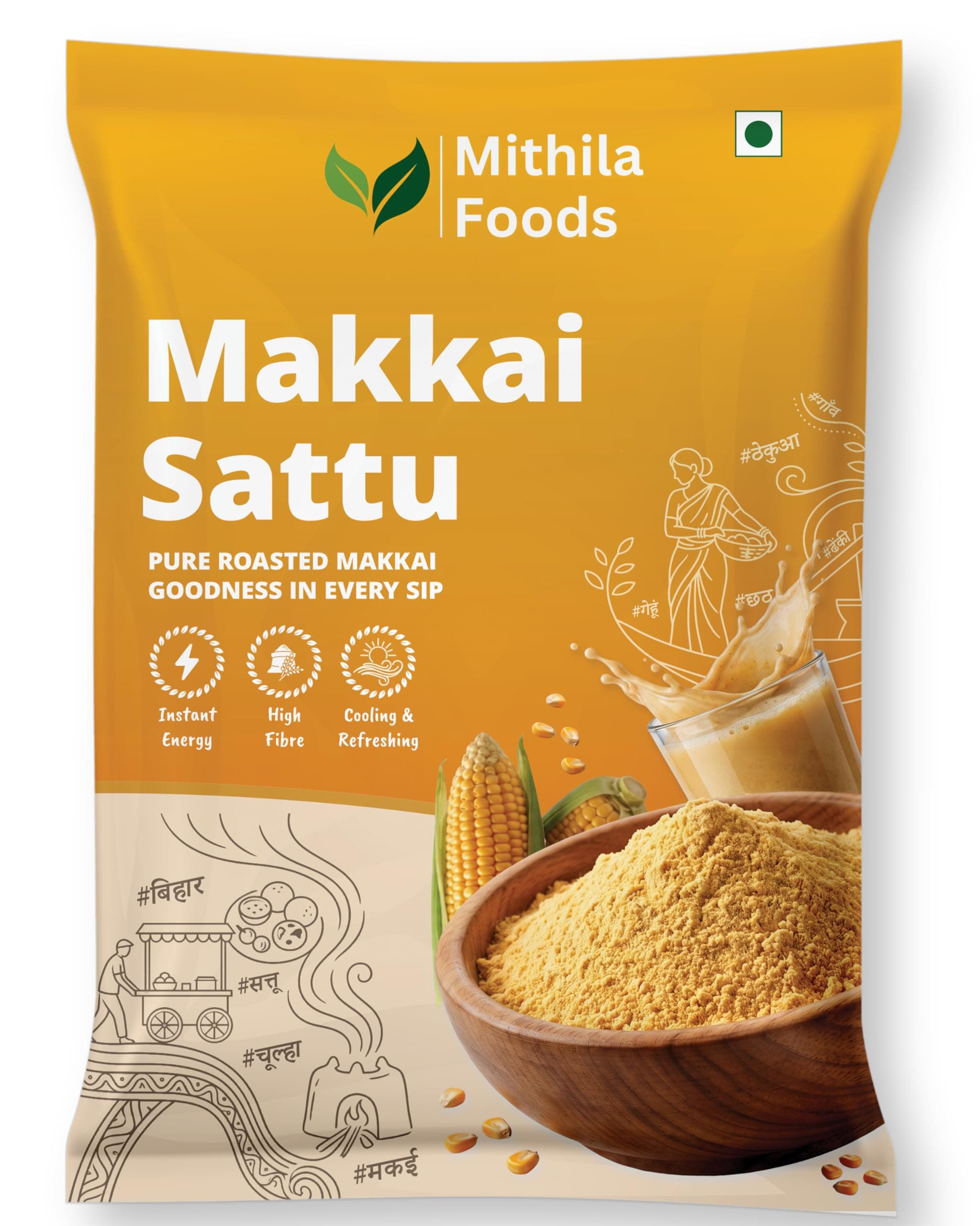 MITHILA FOODS Makkai Sattu 500g | Roasted Maize (Corn) Makai Sattu Powder | Naturally Gluten-Free Makka Corn Flour | High Fibre Energy Mix, Instant Cooling Summer Drink | Authentic Taste of Bihar