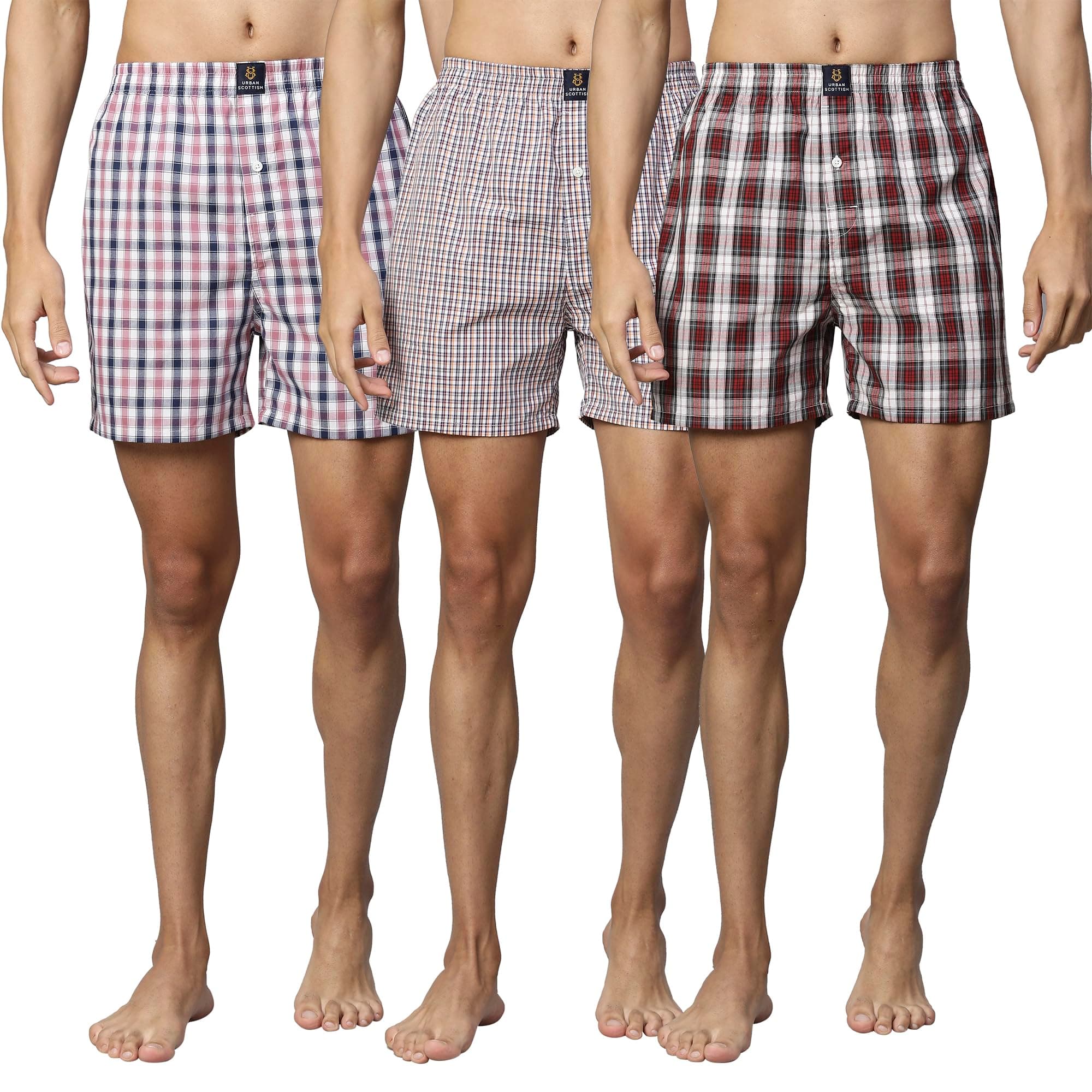 Urban Scottish Men's Boxers | 100% Cotton, Checks, Multicolor | Regular Fit, Mid Rise, Outer Elastic | Pack of 3