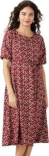 Amazon Brand - Symbol Women Rayon Fit and Flare One Piece Midi Length Dress (with Self Fabric Belt) (Available in Plus Sizes)