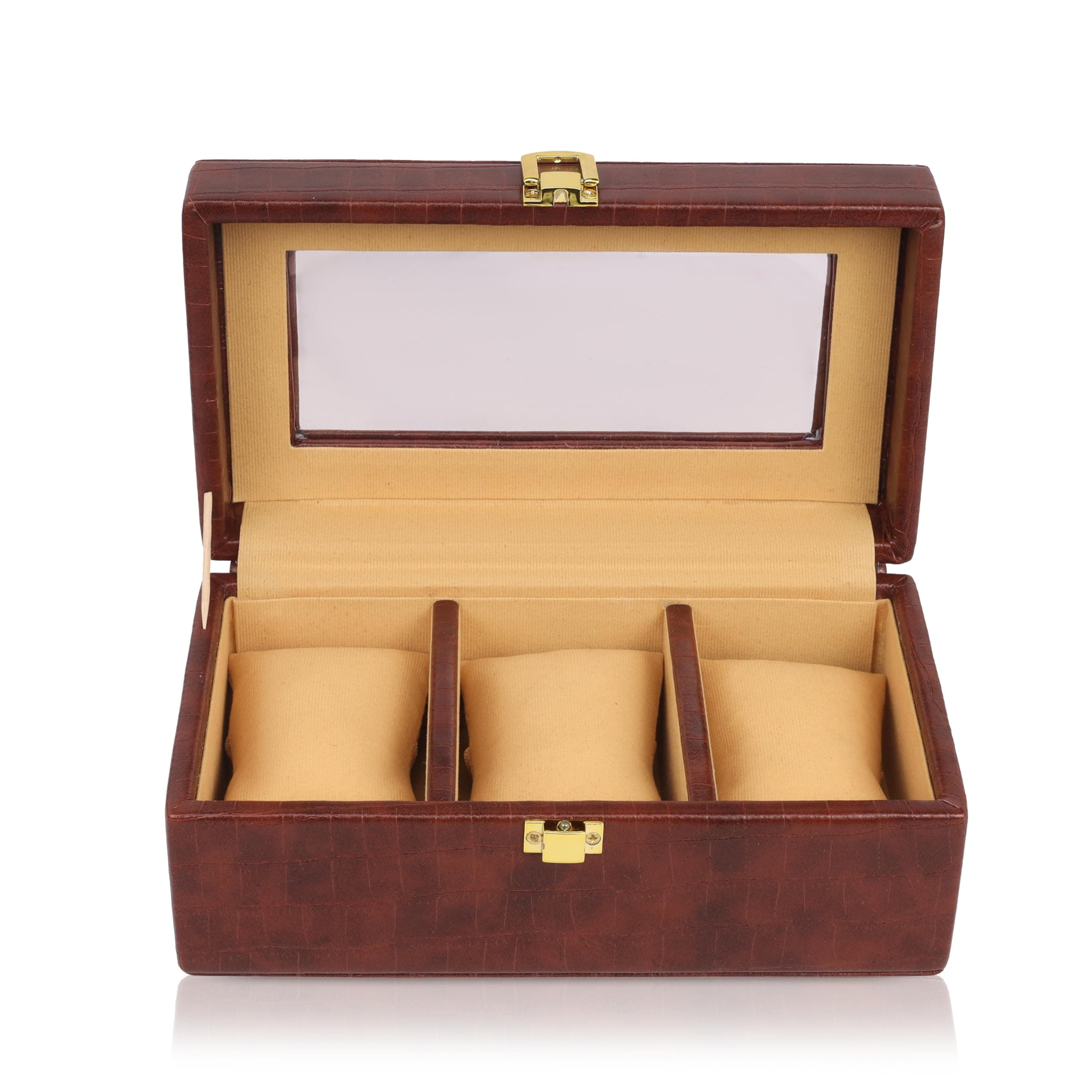 Aqsa PU Leather 3 Slot Watch Box | Travel-Friendly Watch Organizer Case with Cushioned Slots | Unisex Watch Storage for Men & Women | Brown