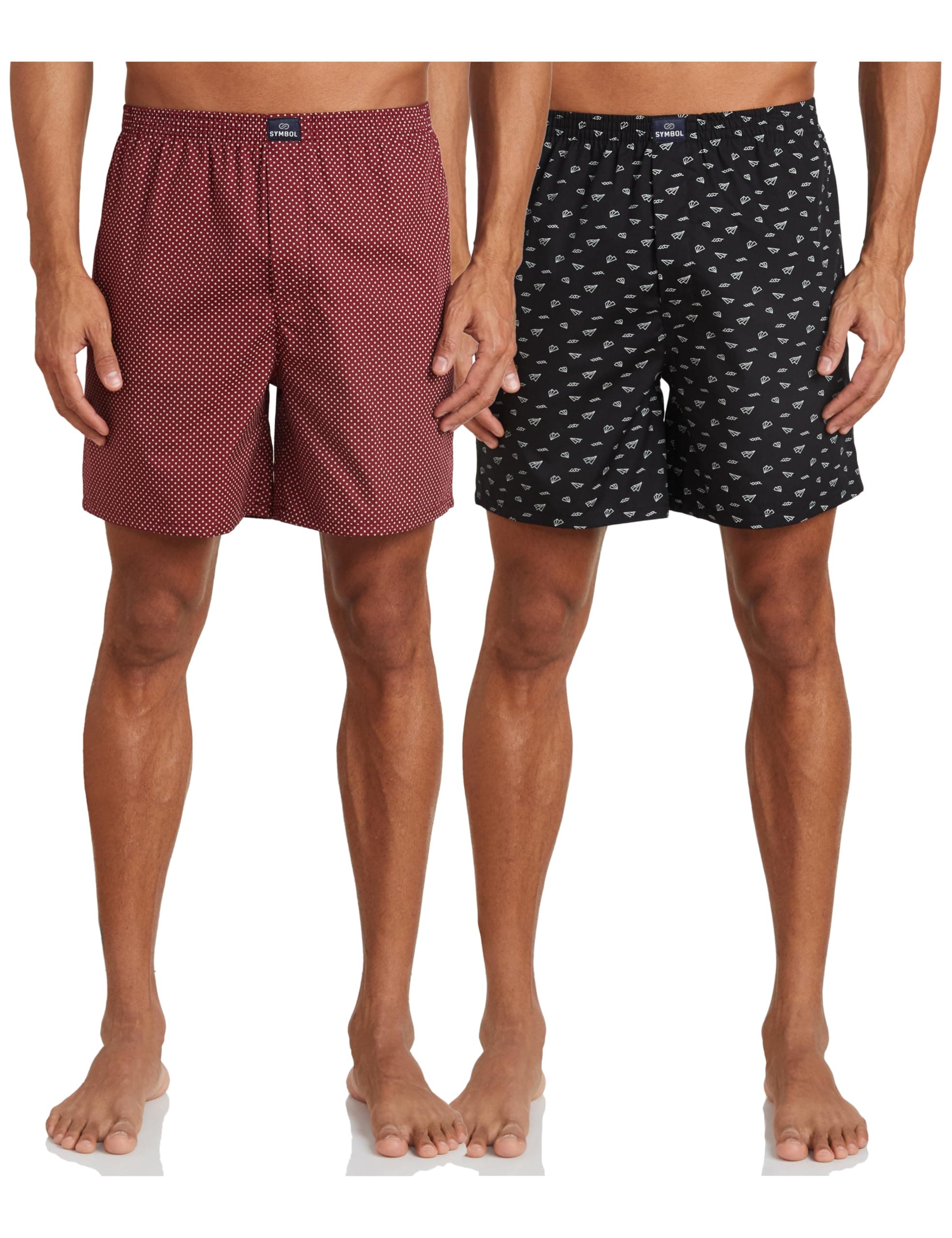 Amazon Brand - Symbol Men's Cotton Printed Boxer Shorts (Combo Pack of 2) Casual | Underwear | Half Pants | Short Pant - Regular Fit with Back Pocket