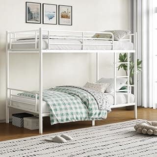 Bunk Bed Twin Over Twin for All Ages with Ladders and Guardrail,Sturdy Literas Heavy Duty Metal Slats,400 lbs Capacity,No Spring Box Required,White