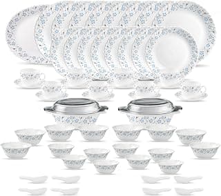 La Opala Diva Classique Collection Opal Glass Crockery | for Family of 8 | Dinner Set 61 pcs Grace Blue | Plates & Bowls for Dining | Microwave Safe | 100% Vegetarian | Extra Strong | White
