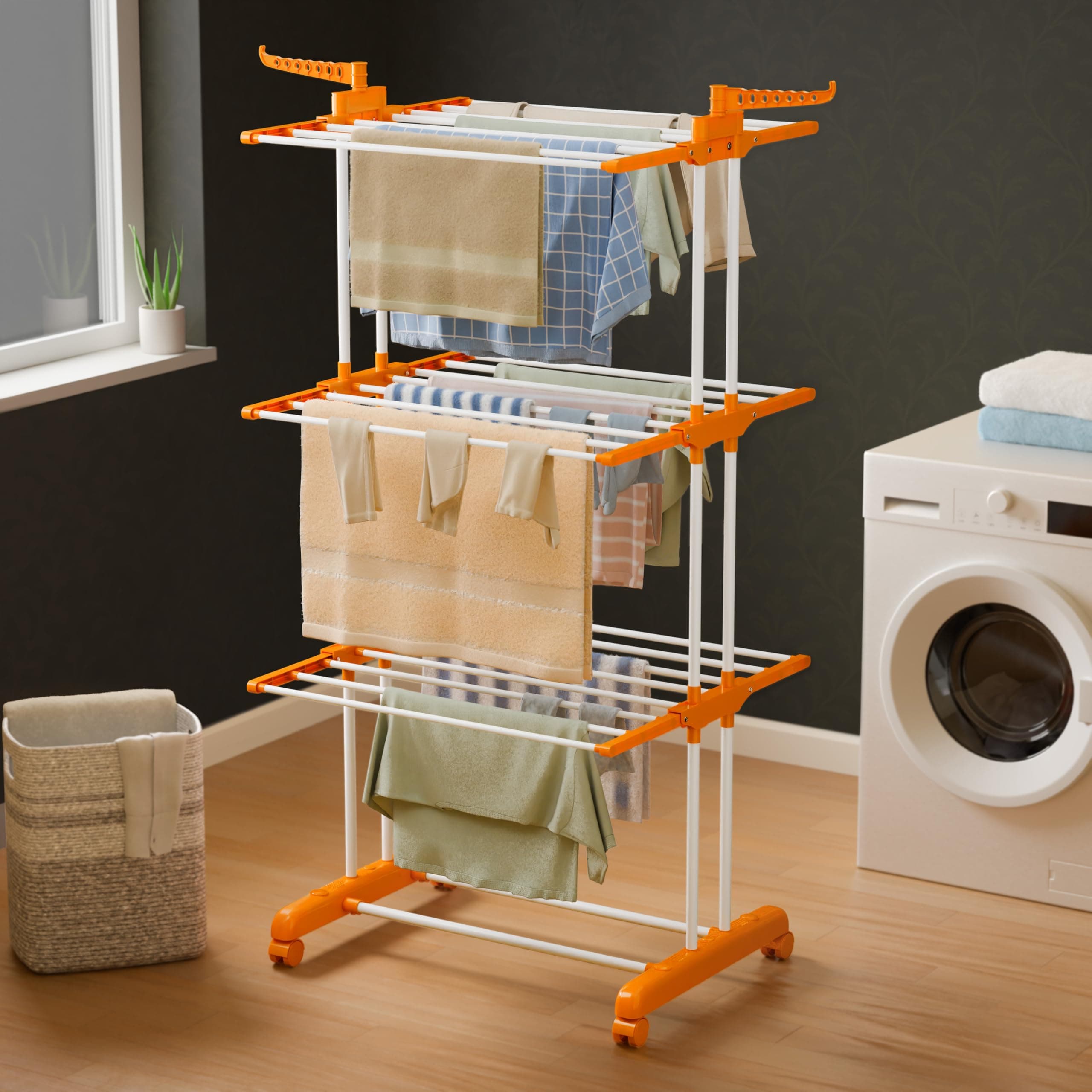 Happer Premium Clothes Stand for Drying with Wheels | Portable | 3 Layer Rack for Balcony | Foldable Wings | 24 Hanger Rods | Anti Rust Steel Metal (Orange | Prince Jumbo)