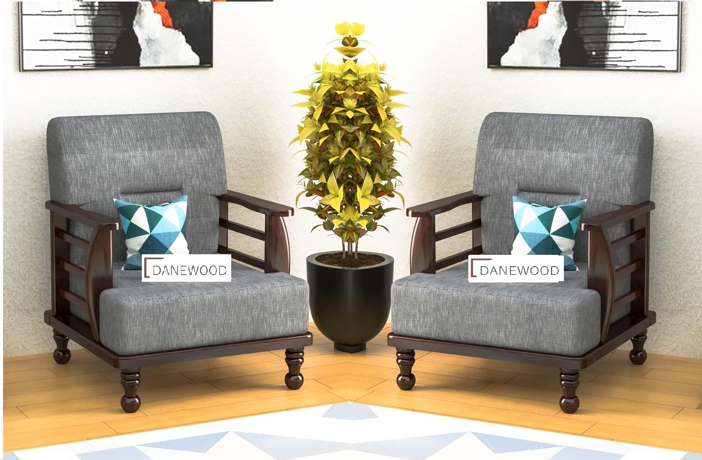 DaneWood 1 Seater Sofa - Set of 2 Combo | Single Seater Arm Chair for Living Room, Drawing Room & Office Lounge | Sheesham Wood, Dark Finish, Standard Sofa, Brown