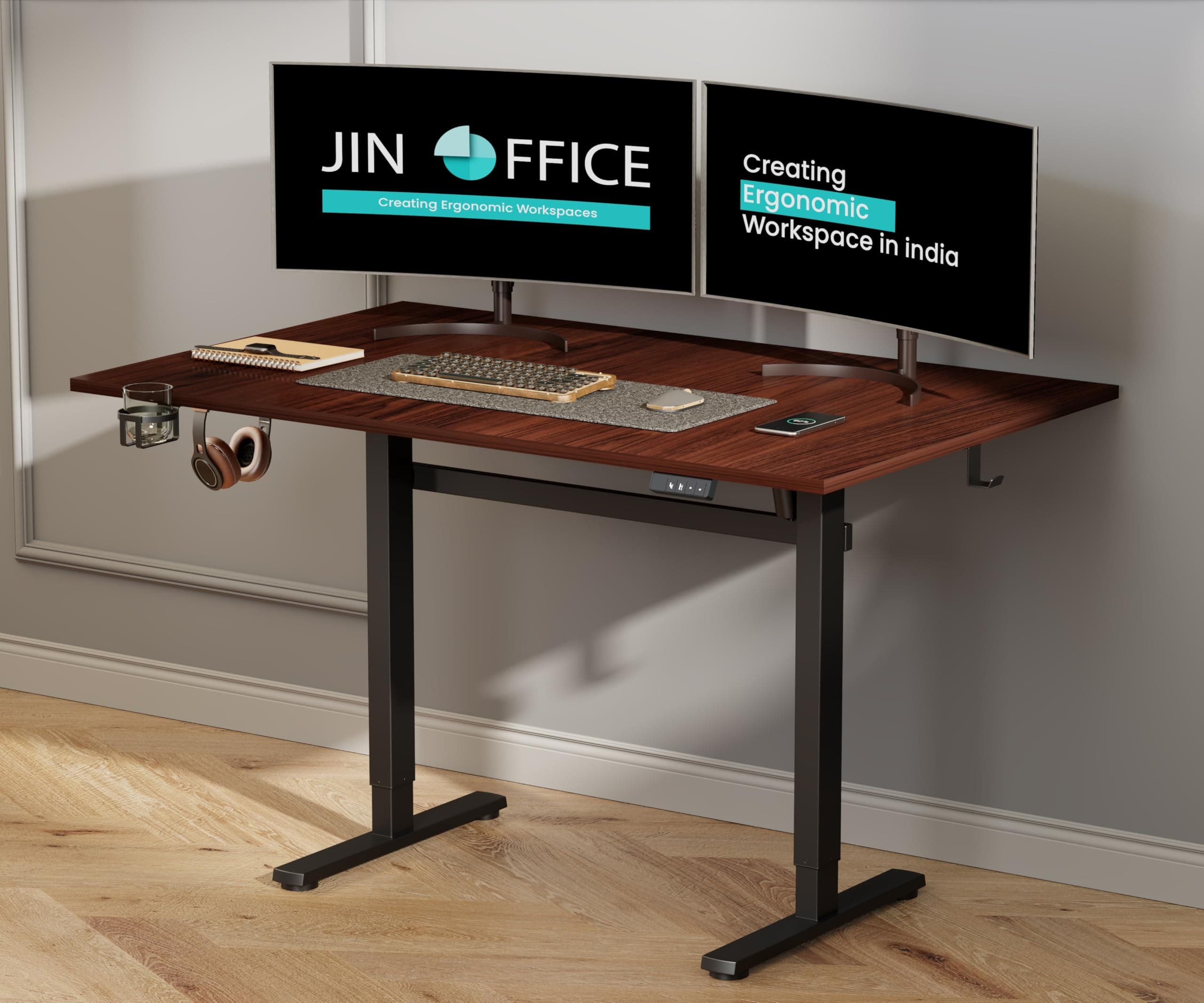 JIN OFFICE Octave Height Adjustable Desk Electric | Standing Desk, 80 Kg Wt. Cap, 2 Year Warranty| Sit Stand Table with Memory Preset, Cup Holder| Stability Crossbar| Brown 1500*750mm/25mm Thick Top