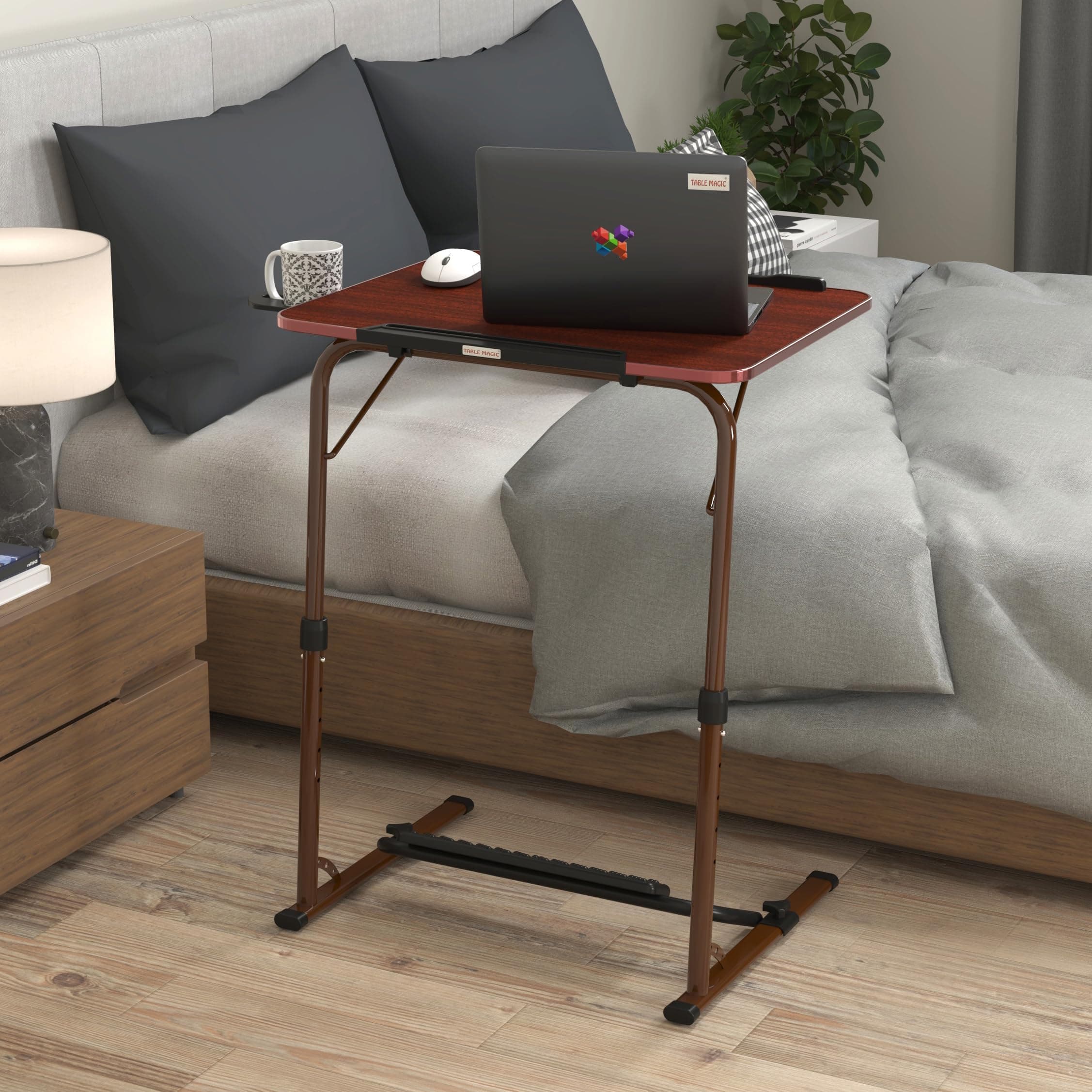 TABLE MAGIC Laptop Table For Home Office | (2’-1.5’) Designed for comfortable work and study, adjustable Laptop Table Foldable For Home with engineered wood top & footrest, X-Large 60x45 cm (Mahogany)