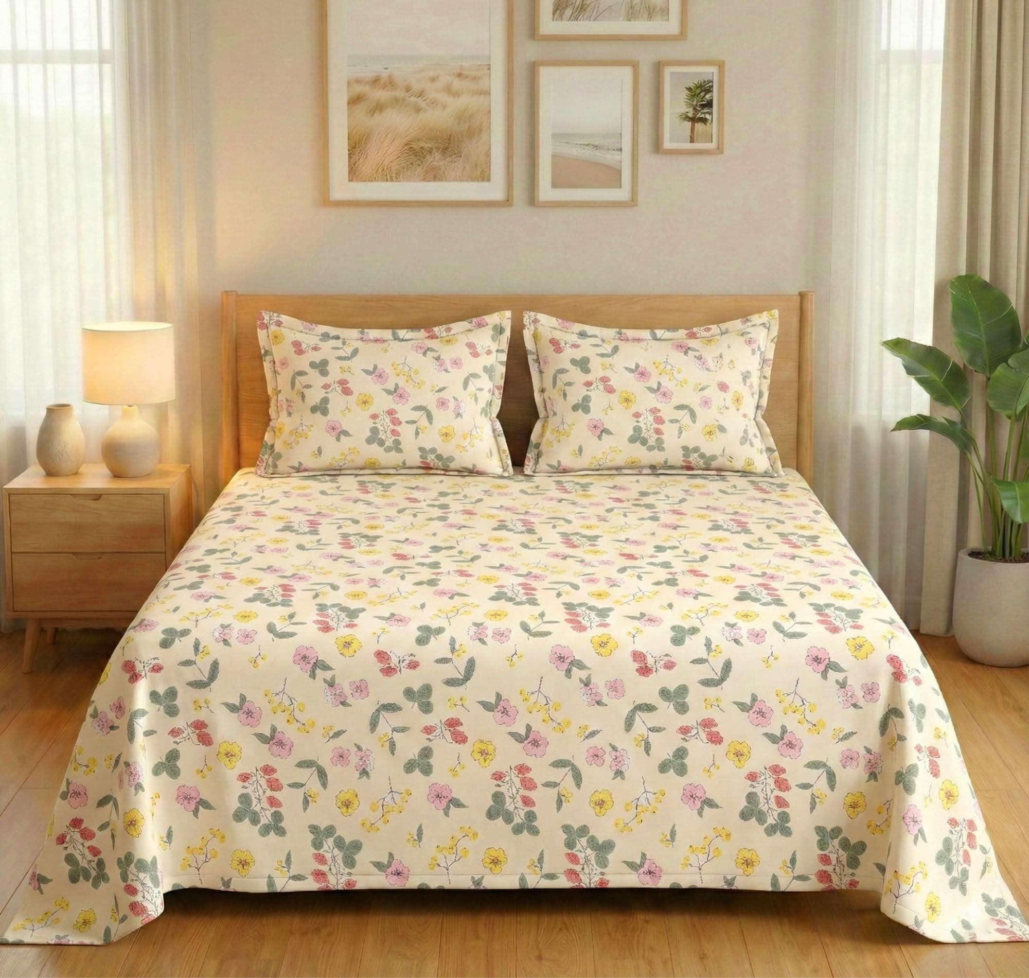 VAS COLLECTIONS 300 TC Premium Cotton Bedsheet Set Double Bed | Soft Breathable Flat Sheet with 2 Pillow Covers | Luxury Printed Bedding | Elegant Durable Bed Linen 230x254 cm (Spring Ivory)