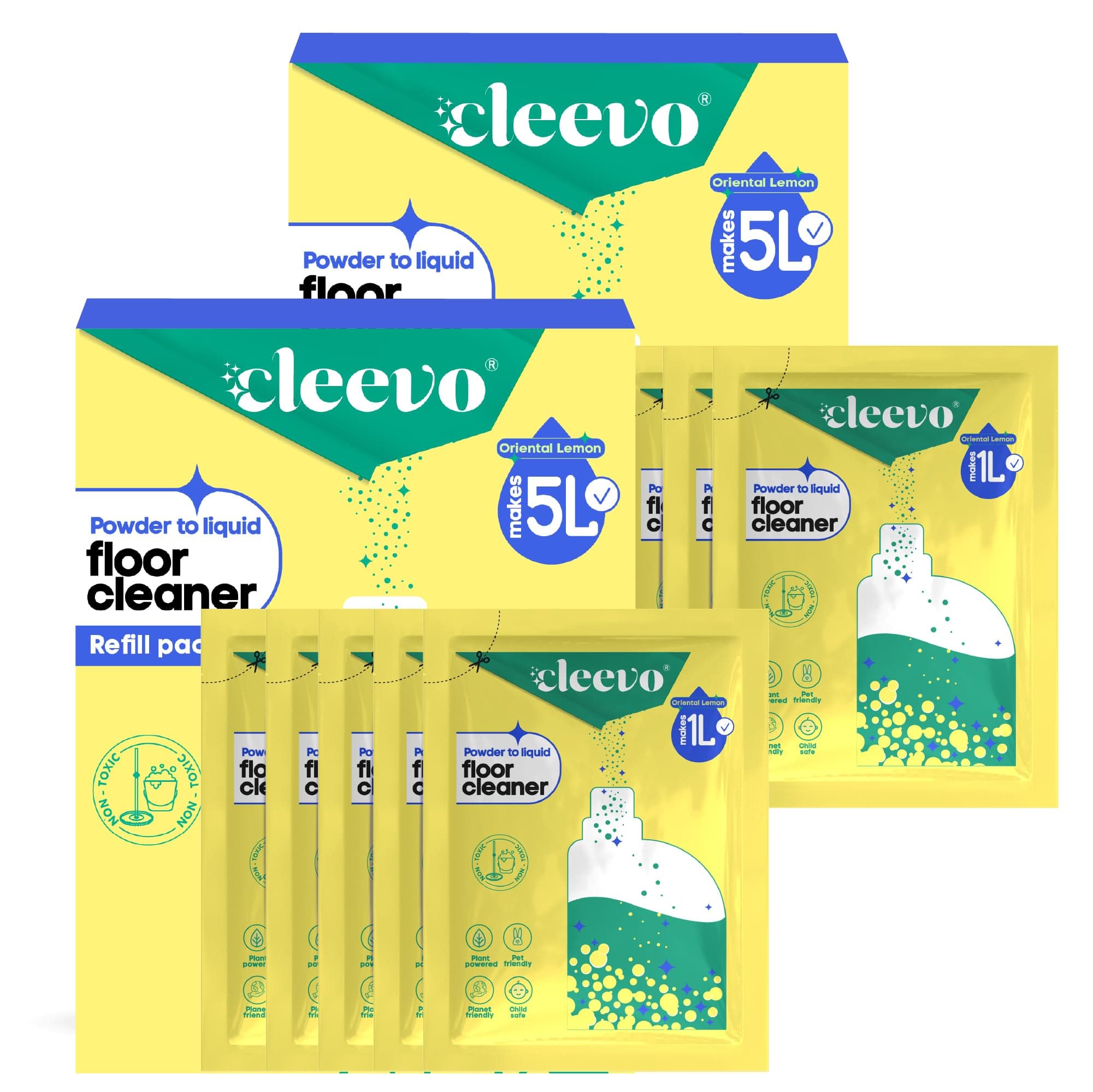 Cleevo Floor Cleaning Liquid (10L Refill Pack) | Non-Toxic Floor Cleaners | Powder to Liquid Surface Cleaner | (Zesty Lemon)