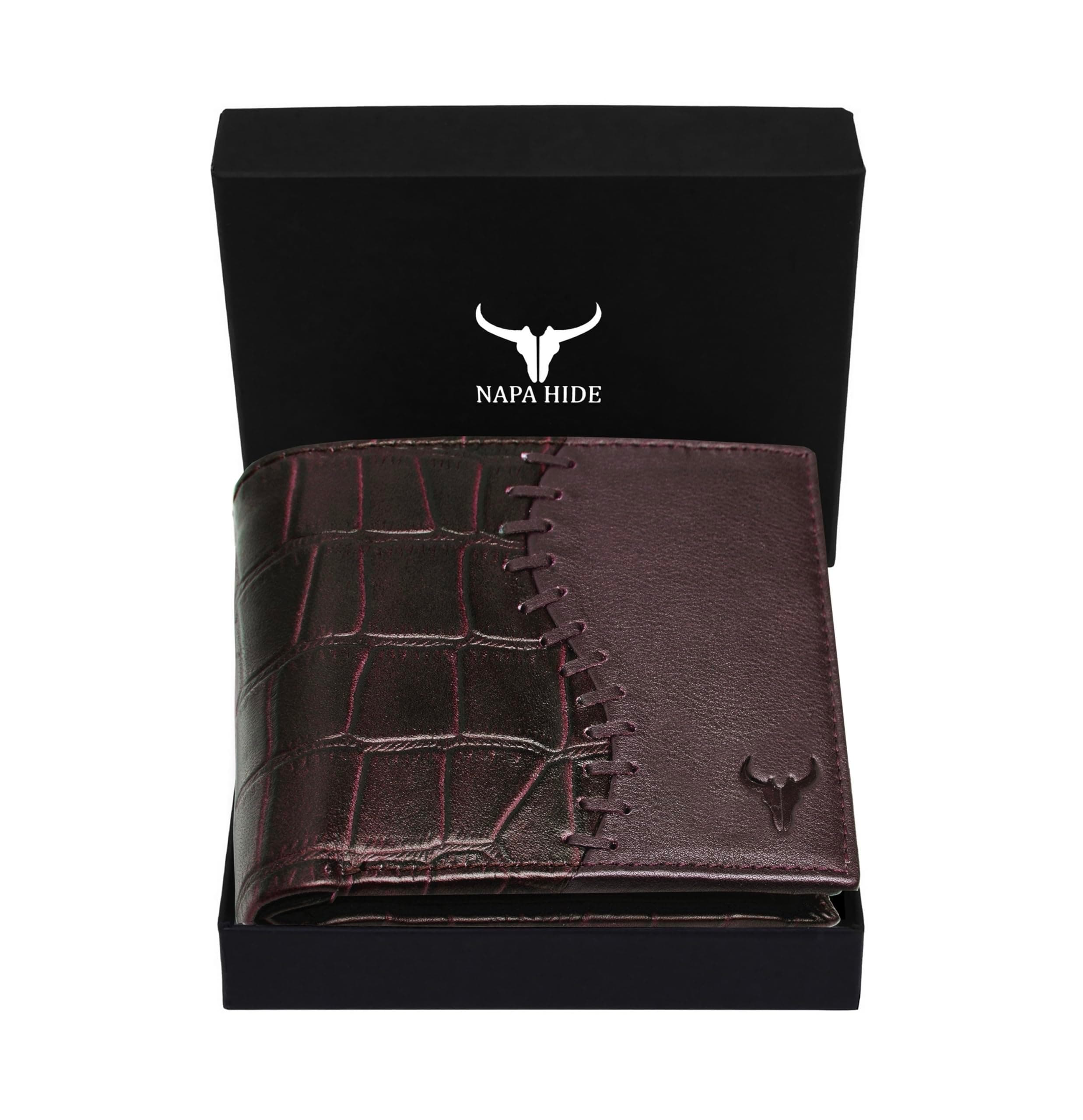 NAPA HIDE Maroon Leather Wallet for Men I 4 Card Slots I 2 Currency Compartments I 1 ID Window I 3 Secret Compartments I External Card Slot I 1 Coin Pocket