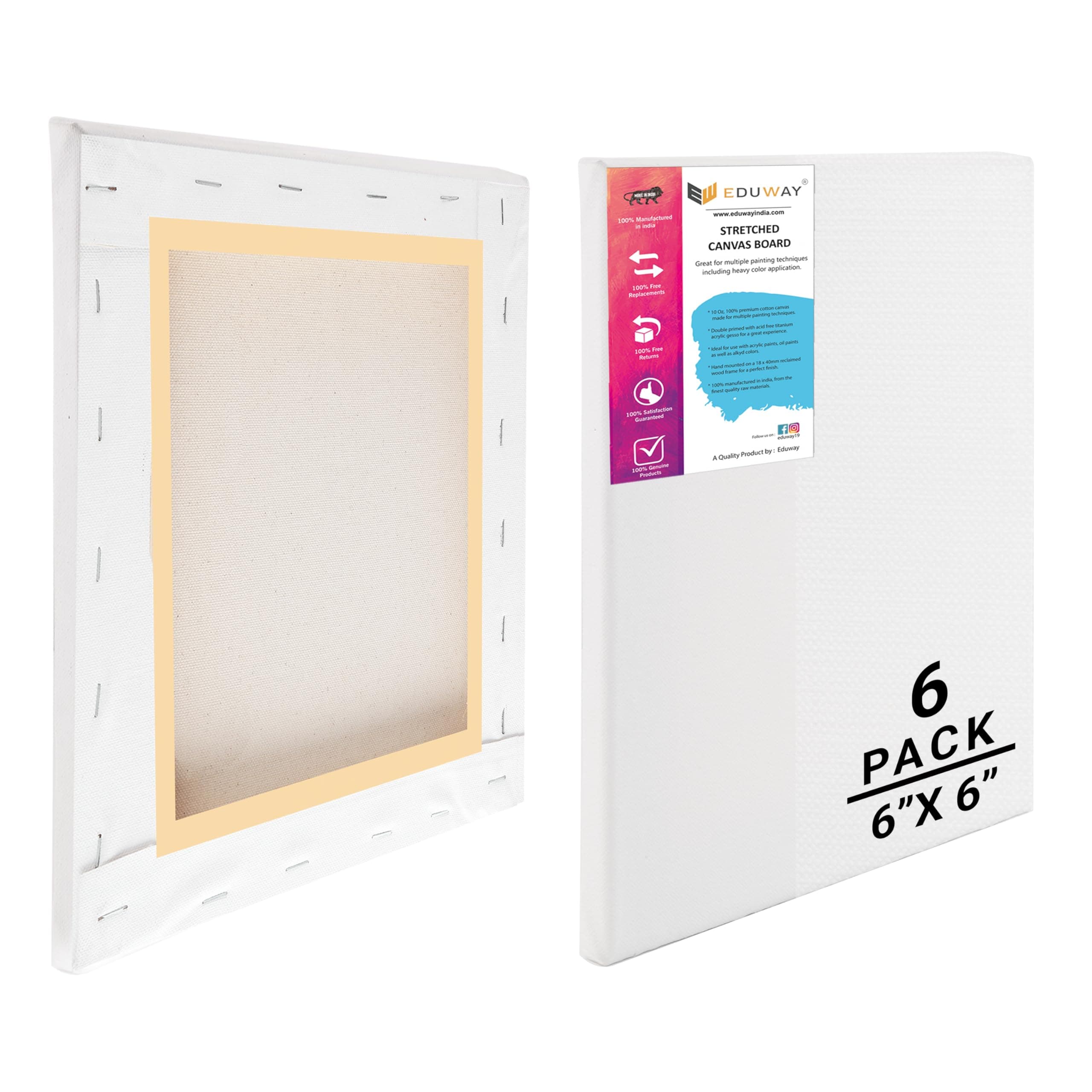 Eduway® 6x6 inches Pre Stretched Medium Grain 7Oz Primed Cotton Painting Canvas with Wooden Frame for Beginners & Artist | Suitable with Acrylic, Oil, Water Colours- (Set of 6)