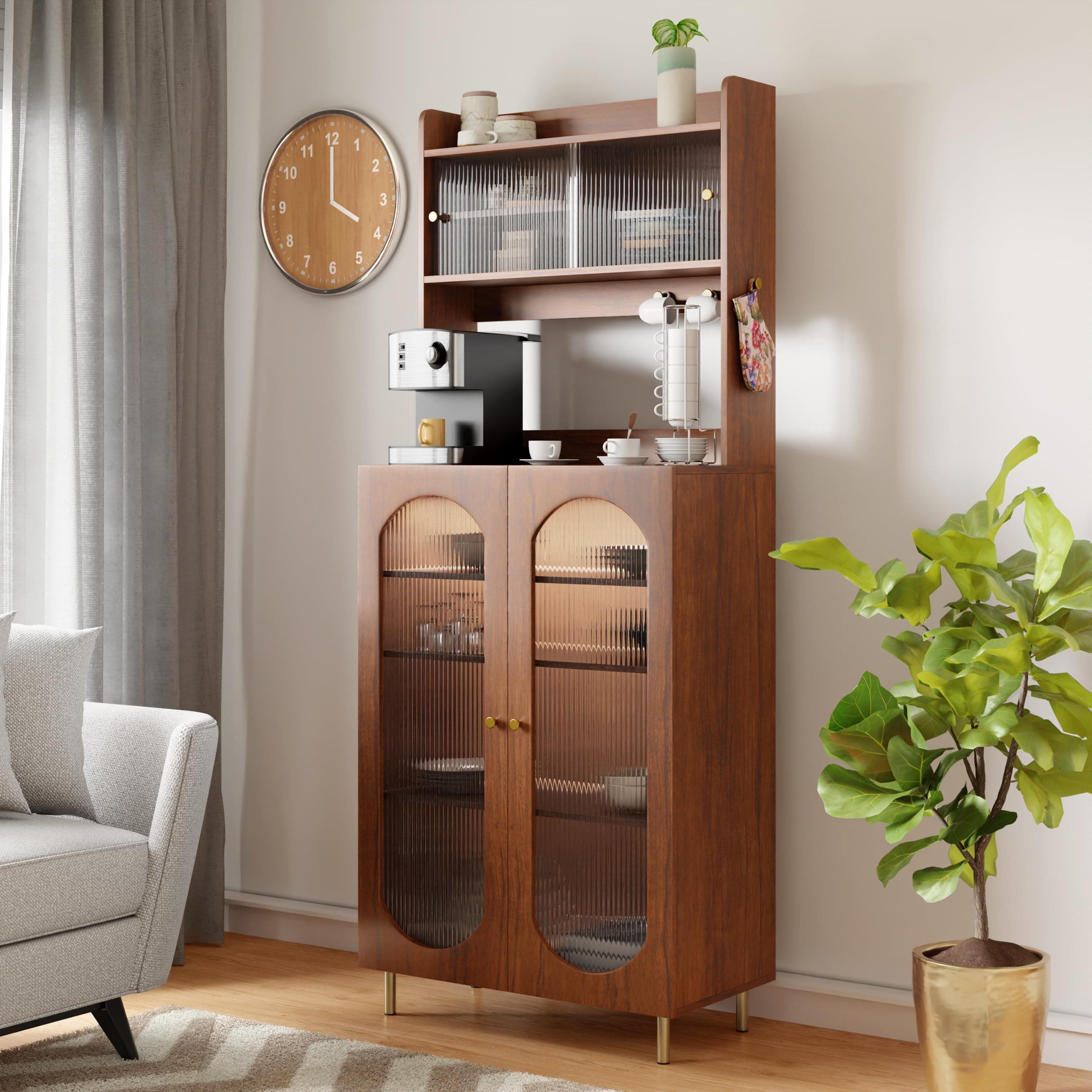 Rocco Stellar Multipurpose Storage Cabinet | Engineered Wood Sideboard for Living Room, Kitchen & Office | Adjustable Shelves, LED Lights & Soft-Close Doors (Teak Brown, Tall Size with Upper Storage)