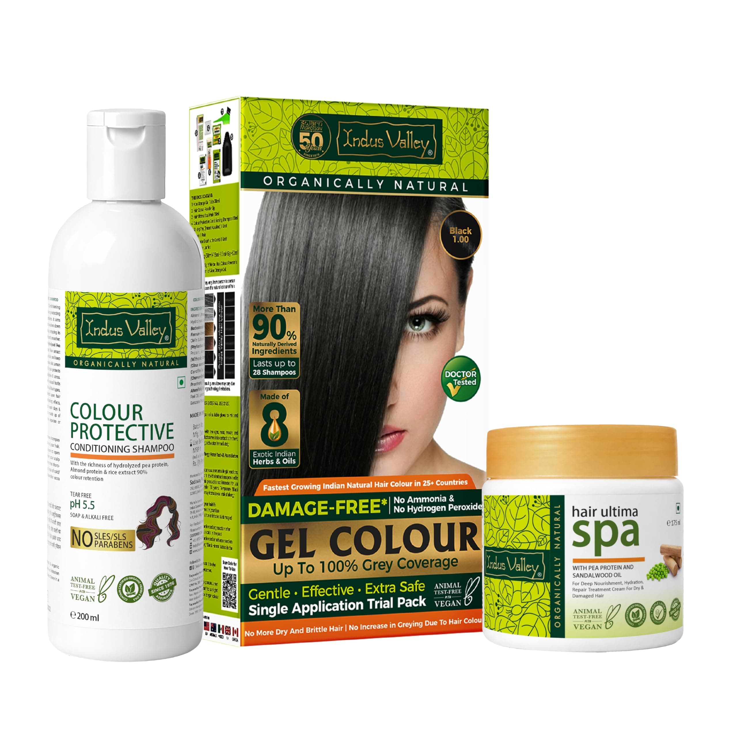 INDUS VALLEY Hair Color Trial Pack | Black With Colour Protection Shampoo (200 ml) + Hair Ultima Spa (175 ml)