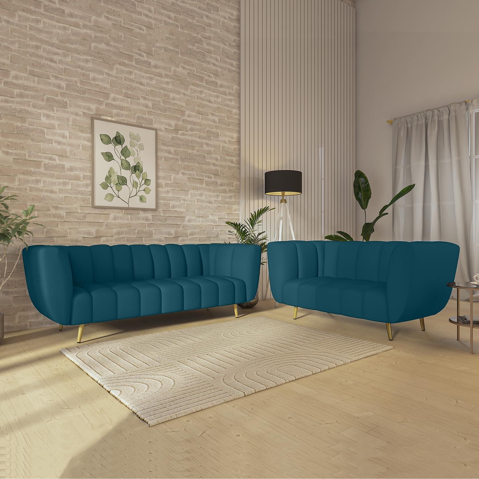 Wakeup India Mushy Premium Fabric Sofa Set | 5 Seater Sofa | Pocket Spring Cushion | Padded Cushioned Armrest | Metal Leg with Golden Polish (Peacock Blue, Seating-3+2) | 3 Years Warranty