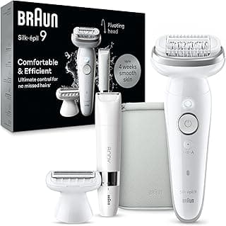 Braun Silk-épil 9 Epilator, Pivoting Head, Wet and Dry, Includes Body Trimmer, Shaver Head and Trimmer Comb,SES9-441