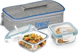 Treo by Milton All Fresh Square Glass Lunch Box, Set Of 2, Clear, 400ml each with Lunch Bag, Microwave & Dishwasher Safe, Leak Proof Containers, Borosilicate Glass, Office Tiffin