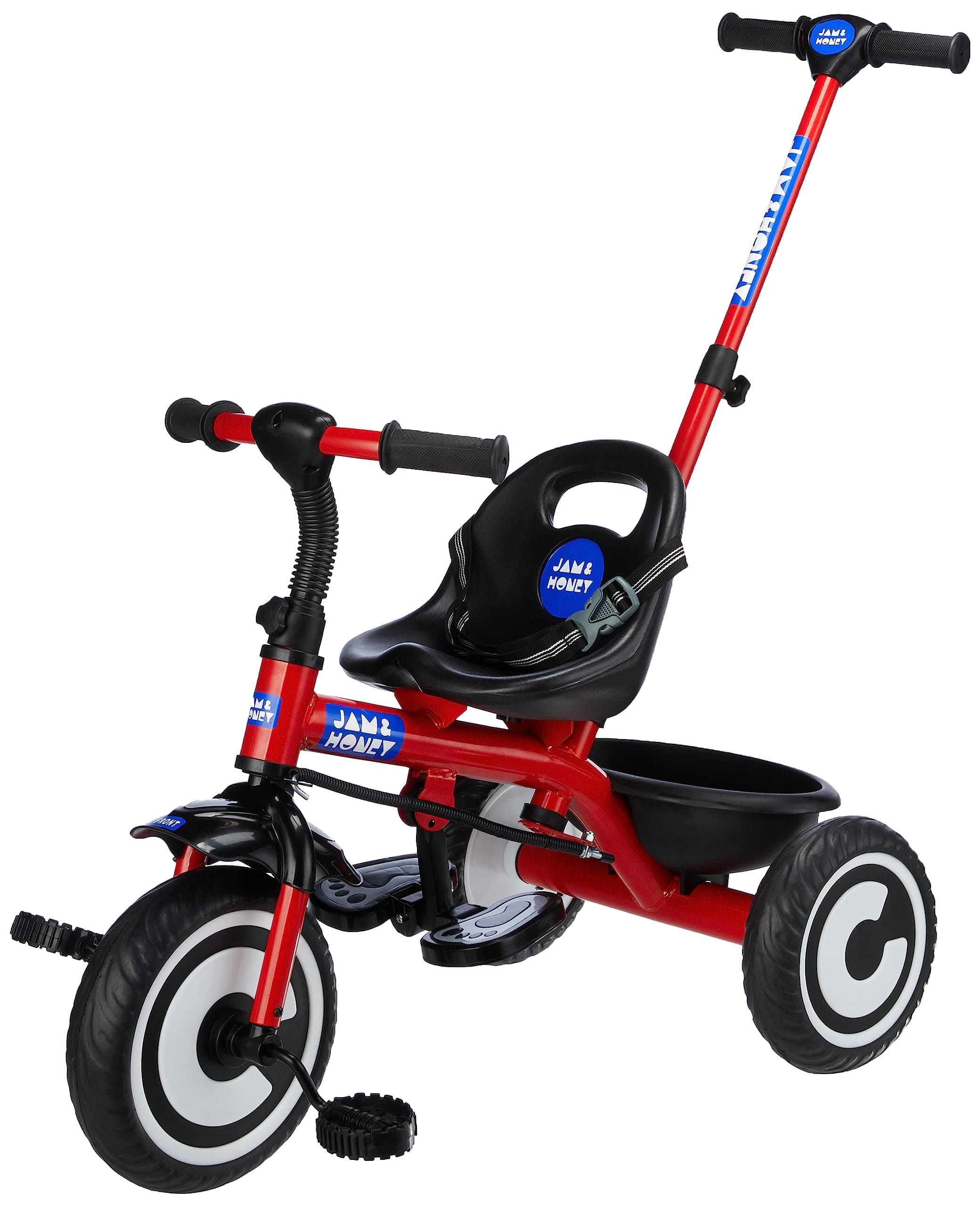 Amazon Brand - Jam & Honey Tricycle for Kids | Seatbelt, Parental Handle, & Storage Basket | ISI & BIS-Compliant | for Boys and Girls 2 to 4 Years | 73 x 46 x 90 cm | Red